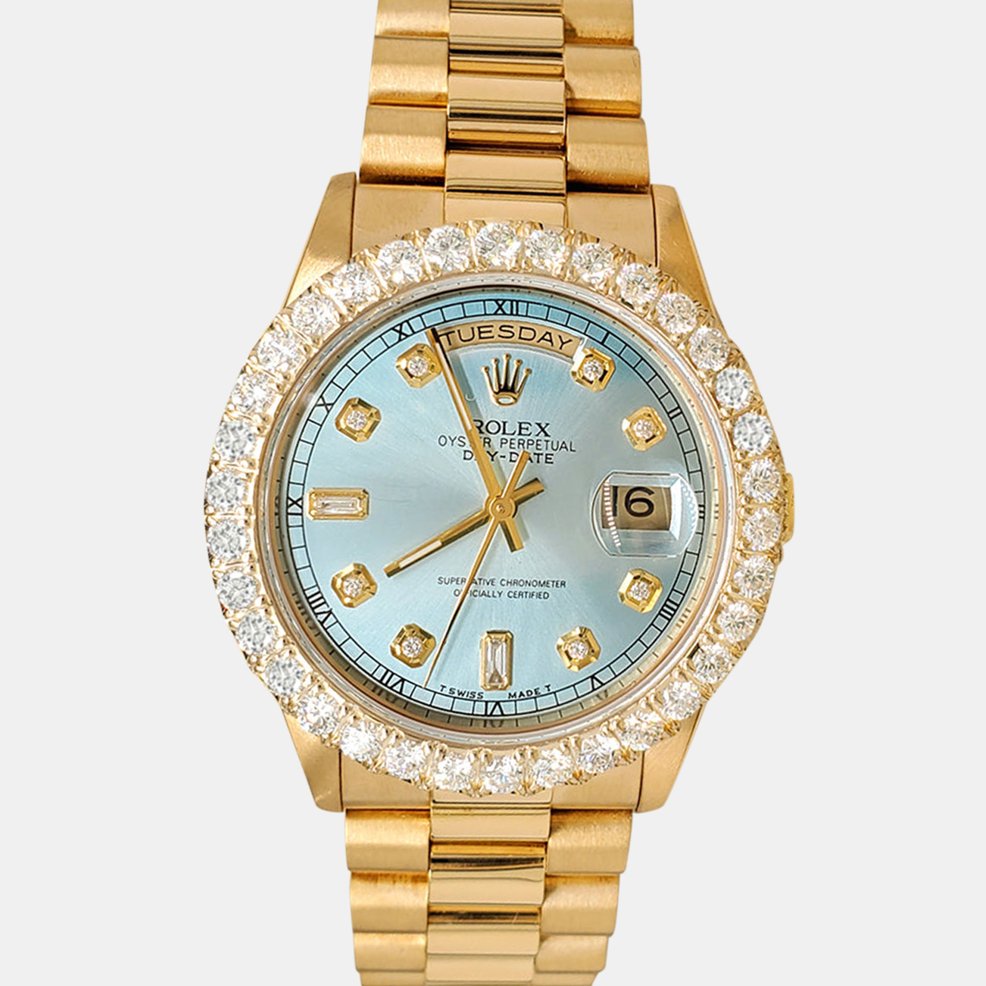 

Rolex president day date  ice blue diamond dial bezel yellow gold 18238 Wristwatch