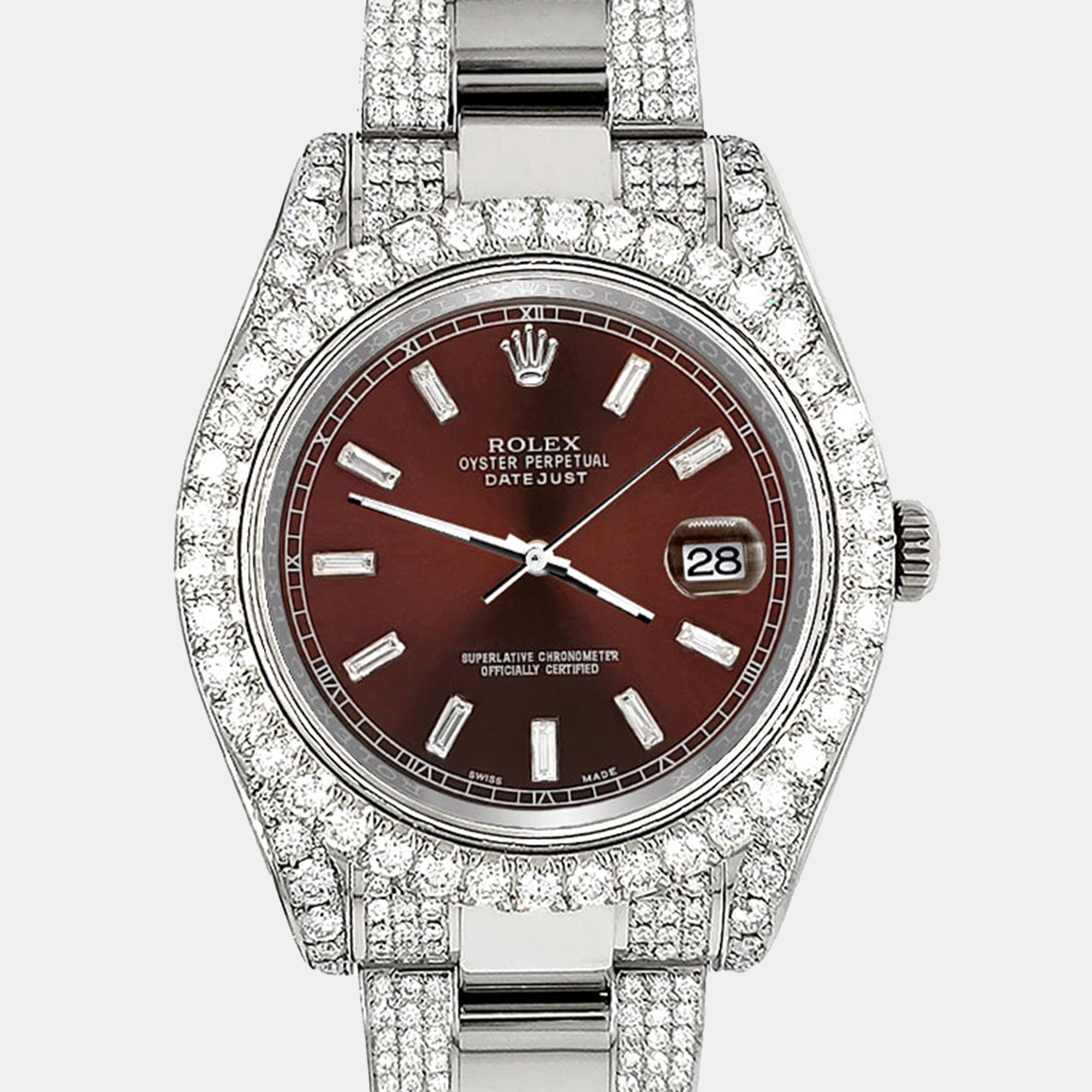 

Rolex Datejust II  10.3ct pave diamond bezel case bracelet chocolate baguette diamond dial steel Wristwatch 116300, Brown