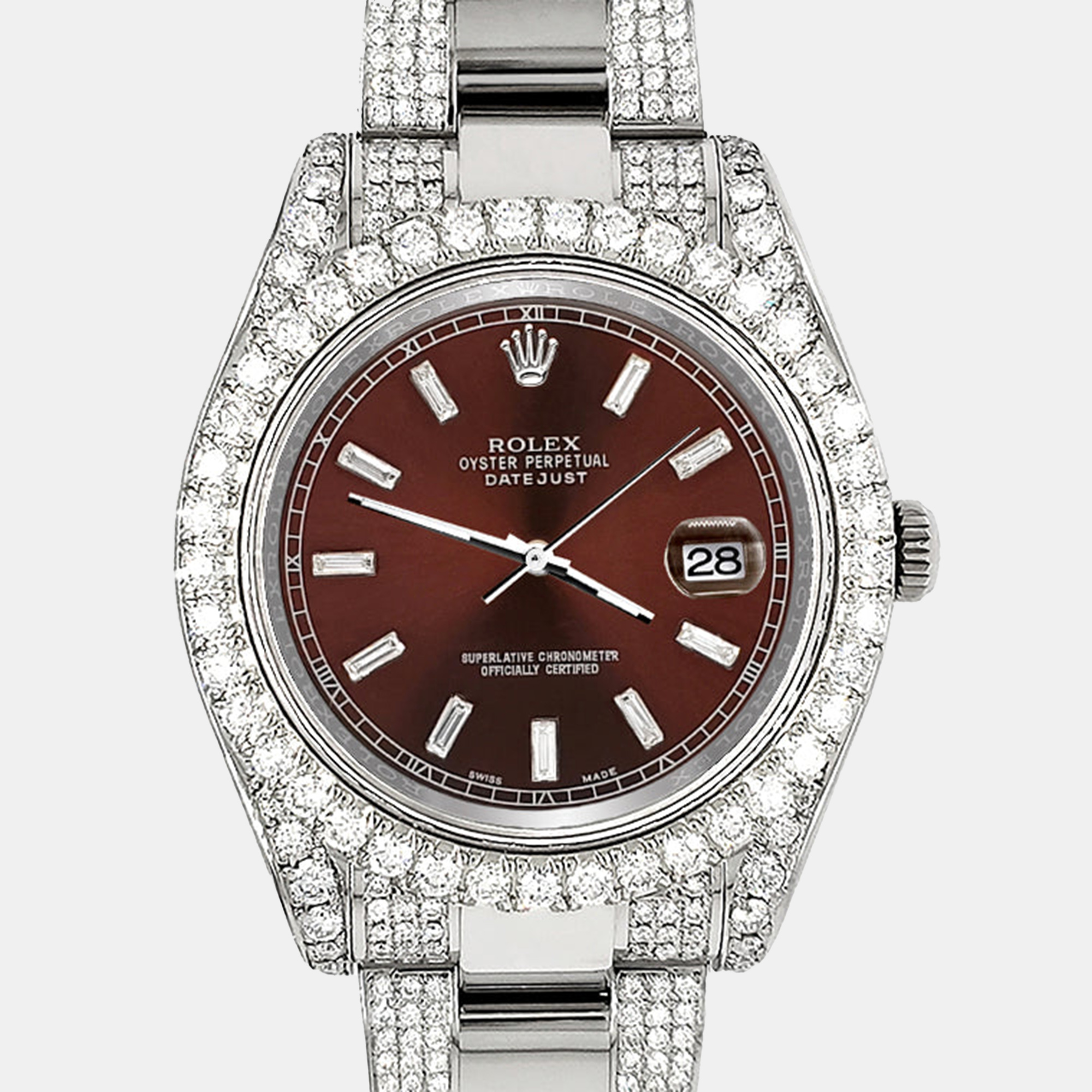 

Rolex Datejust II  8.3ct diamond bezel lugs bracelet chocolate baguette diamond dial steel Wristwatch 116300, Brown