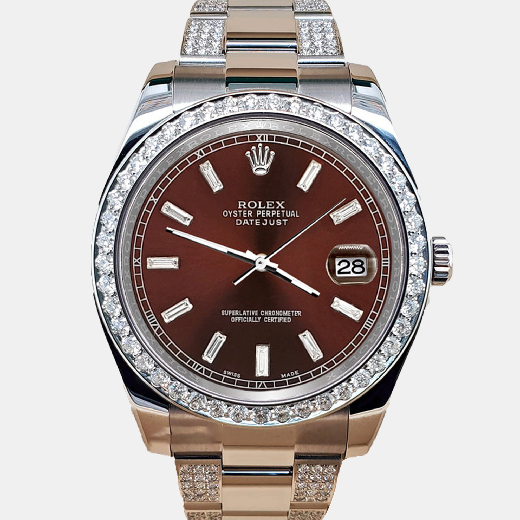 

Rolex Datejust II  5ct diamond bezel bracelet chocolate baguette diamond dial steel Wristwatch 116300, Brown