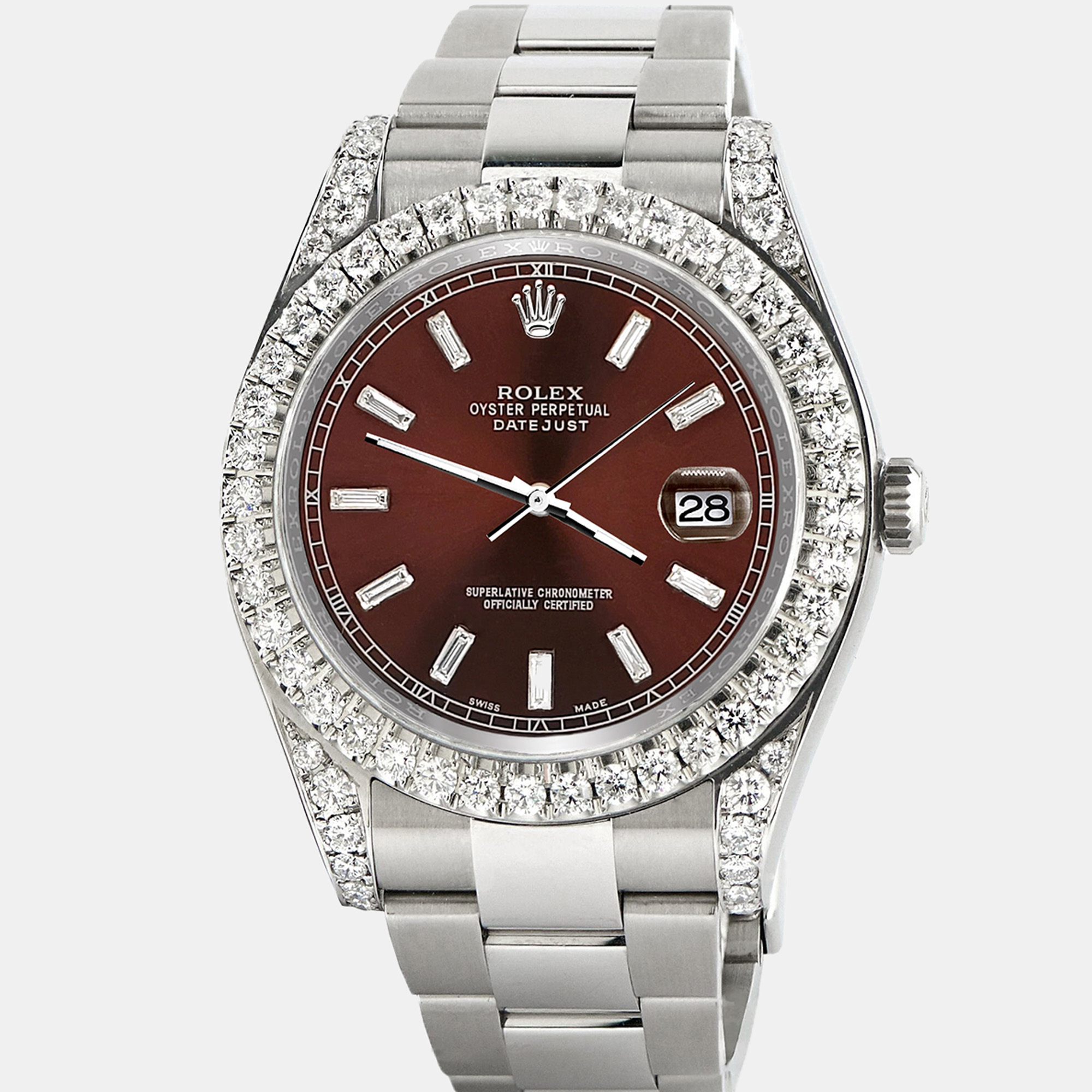 

Rolex Datejust II steel  Wristwatch 4.5ct diamond bezel lugs chocolate baguette diamond dial, Brown