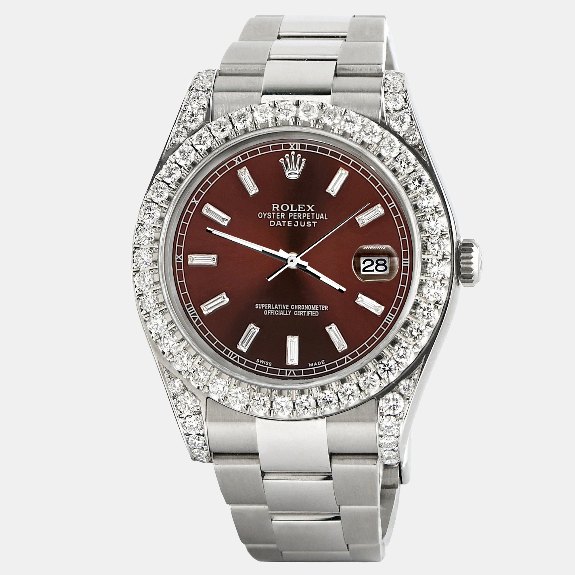 

Rolex datejust 41 126300 4.4ct diamond bezel lugs chocolate baguette diamond dial steel Wristwatch, Brown