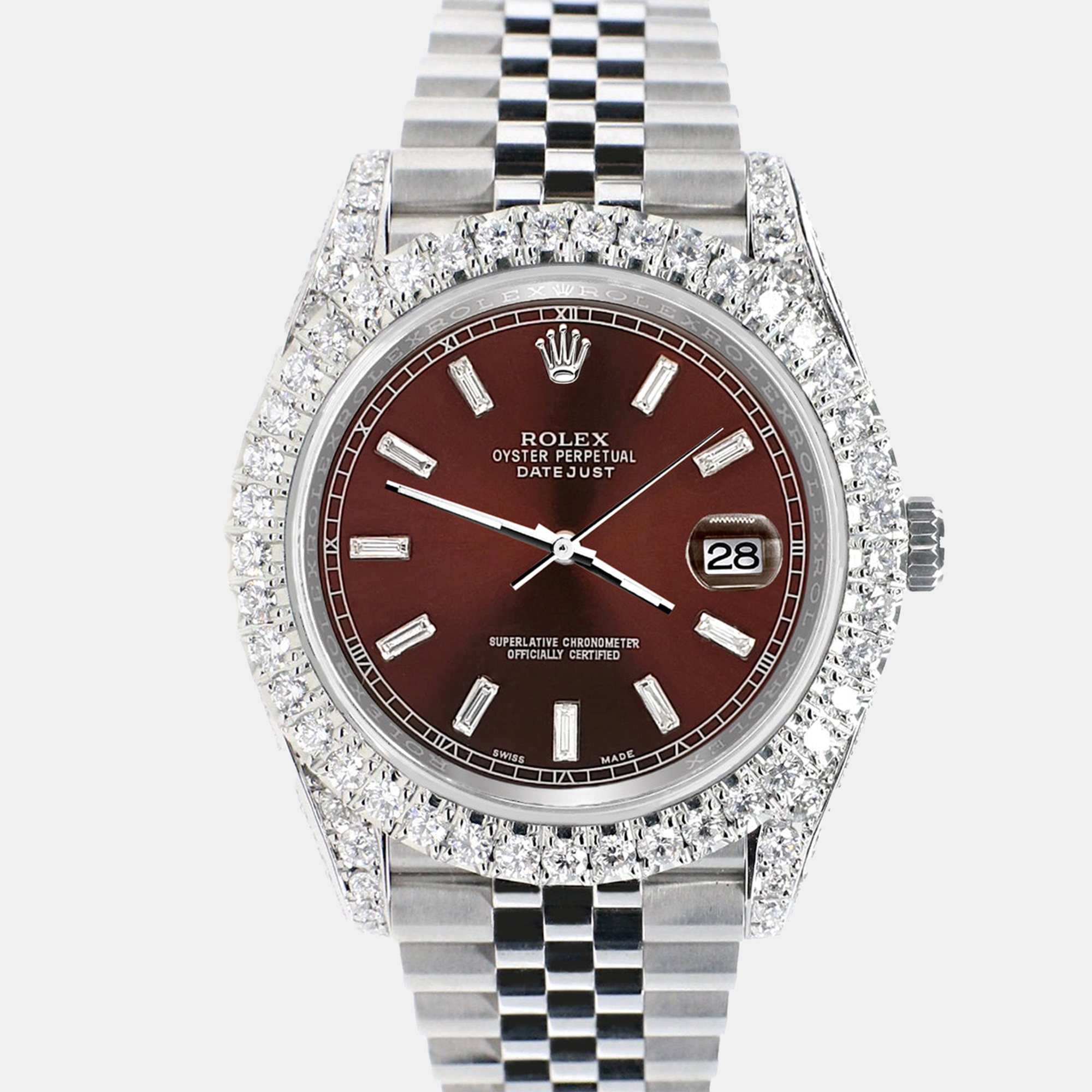 

Rolex datejust 41 5.9ct diamond bezel lugs sides chocolate baguette diamond dial 126300 Wristwatch, Red