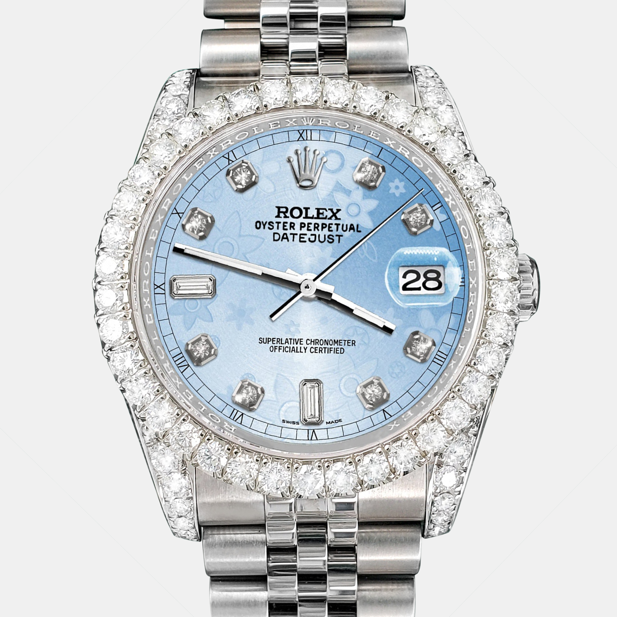 

Rolex Custom Blue Flower 4CT Diamond Stainless Steel Datejust 116200 Automatic Men's Wristwatch