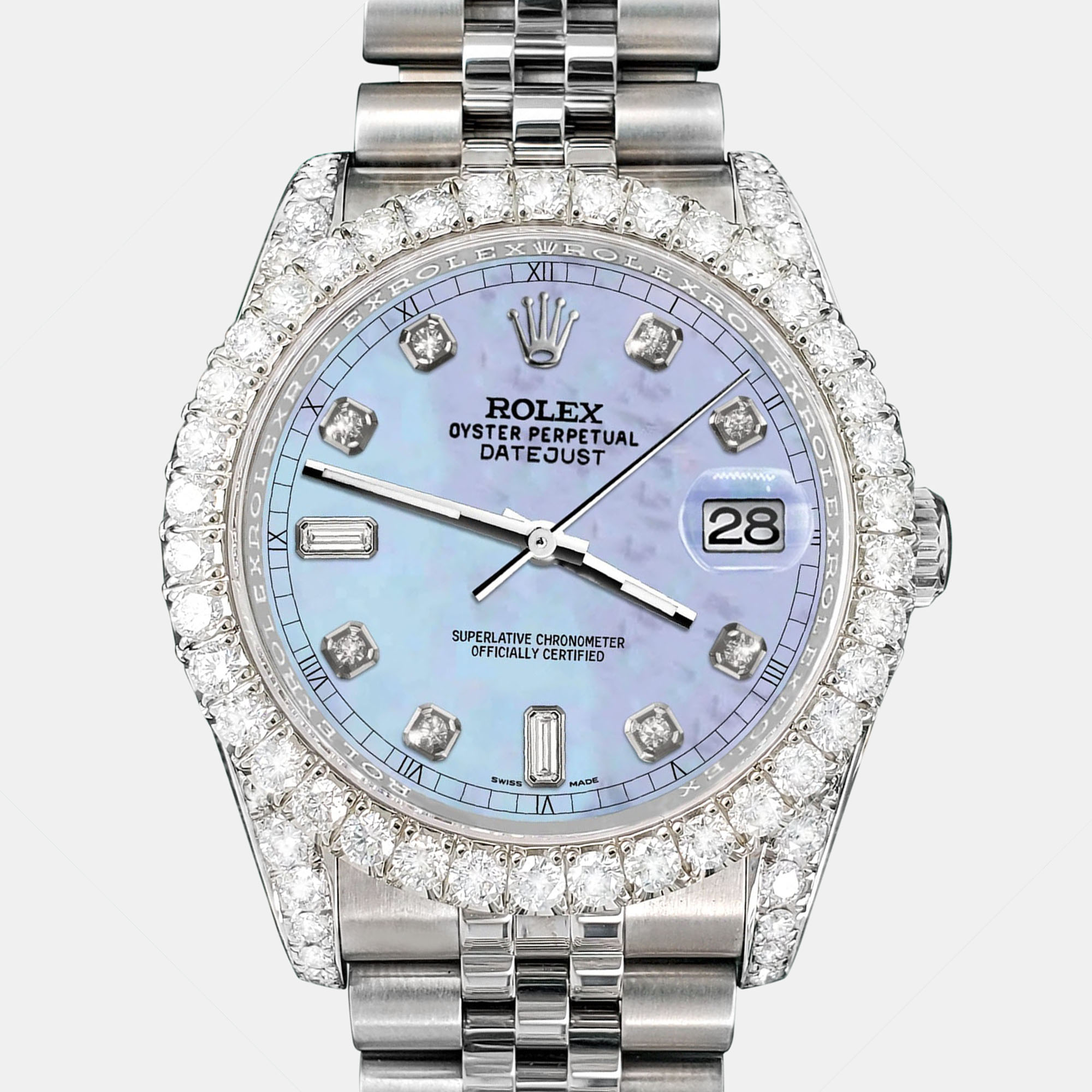 

Rolex Custom Purple MOP 4CT Diamond Stainless Steel Datejust 116200 Automatic Men's Wristwatch