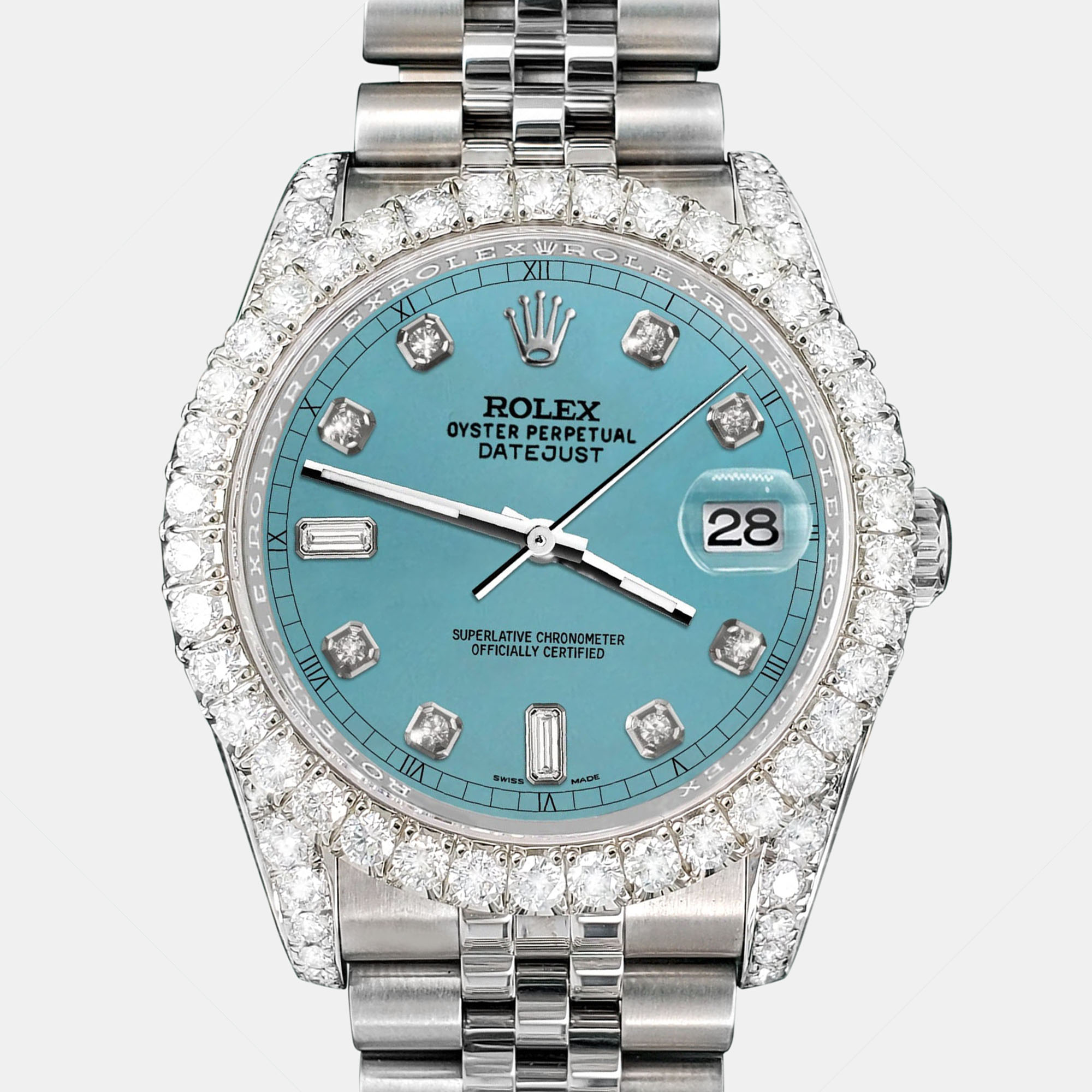 

Rolex Custom Turquoise 4CT Diamond Stainless Steel Datejust 116200 Automatic Men's Wristwatch, Blue