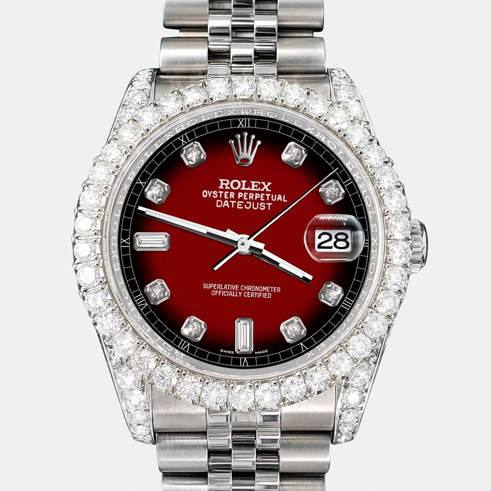 

Rolex Custom Maroon Vignette 4CT Diamond Stainless Steel Datejust 116200 Automatic Men's Wristwatch, Red