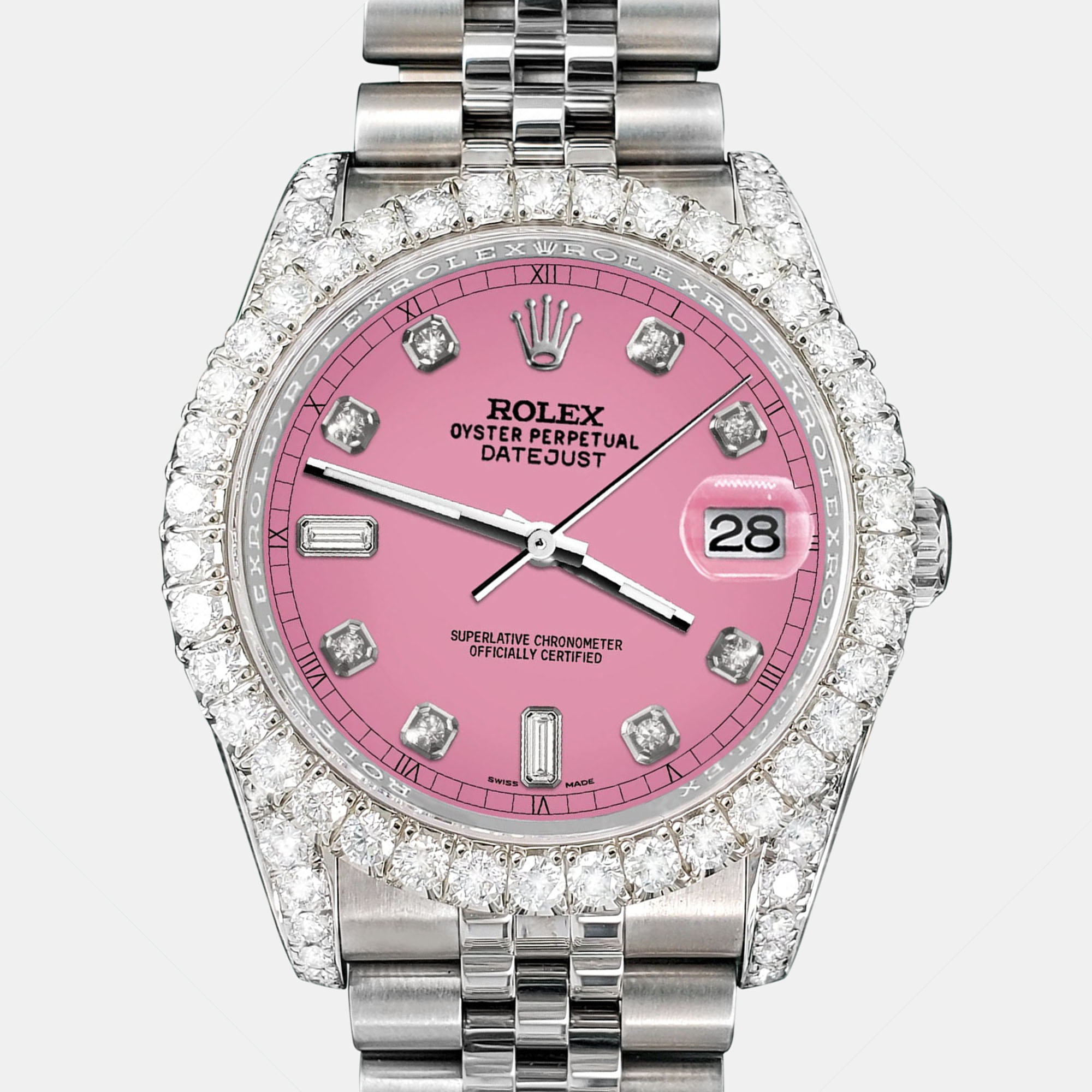 

Rolex Custom Hot Pink 4CT Diamond Stainless Steel Datejust 116200 Automatic Men's Wristwatch