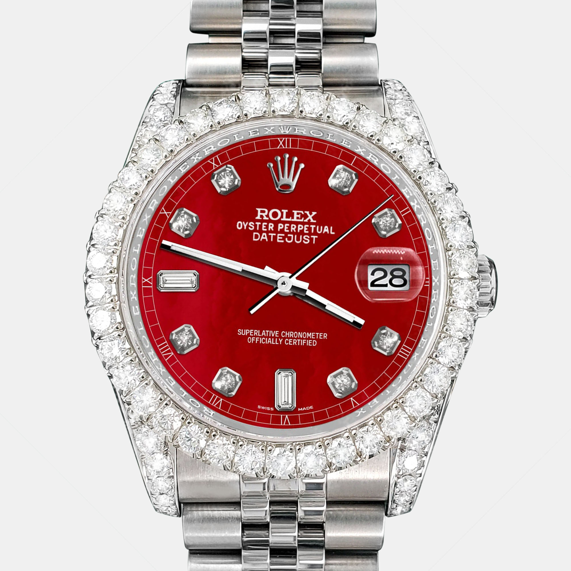 

Rolex Custom Red MOP 4CT Diamond Stainless Steel Datejust 116200 Automatic Men's Wristwatch