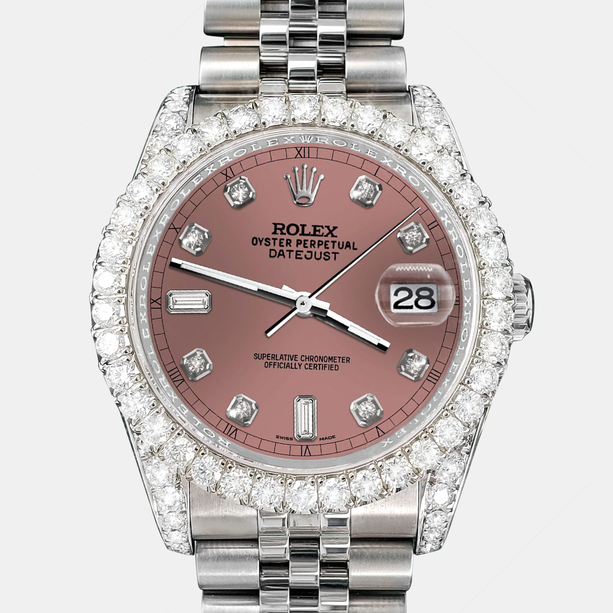 

Rolex Custom Salmon 4CT Diamond Stainless Steel Datejust 116200 Automatic Men's Wristwatch, Pink