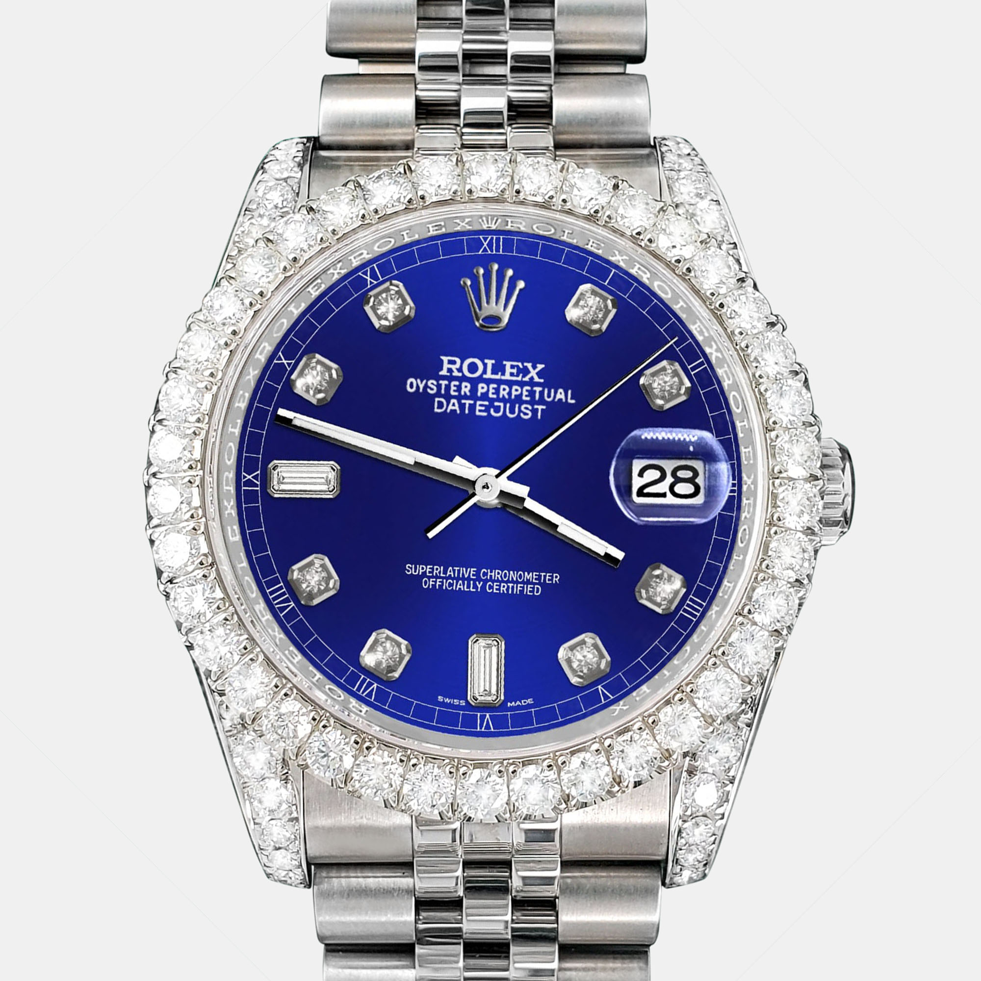 

Rolex Custom Navy Blue 4CT Diamond Stainless Steel Datejust 116200 Automatic Men's Wristwatch