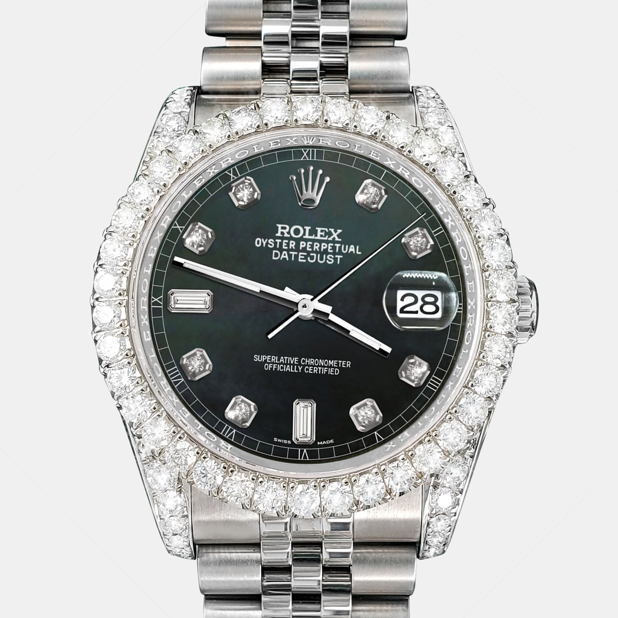 

Rolex Custom Black MOP 4CT Diamond Stainless Steel Datejust 116200 Automatic Men's Wristwatch