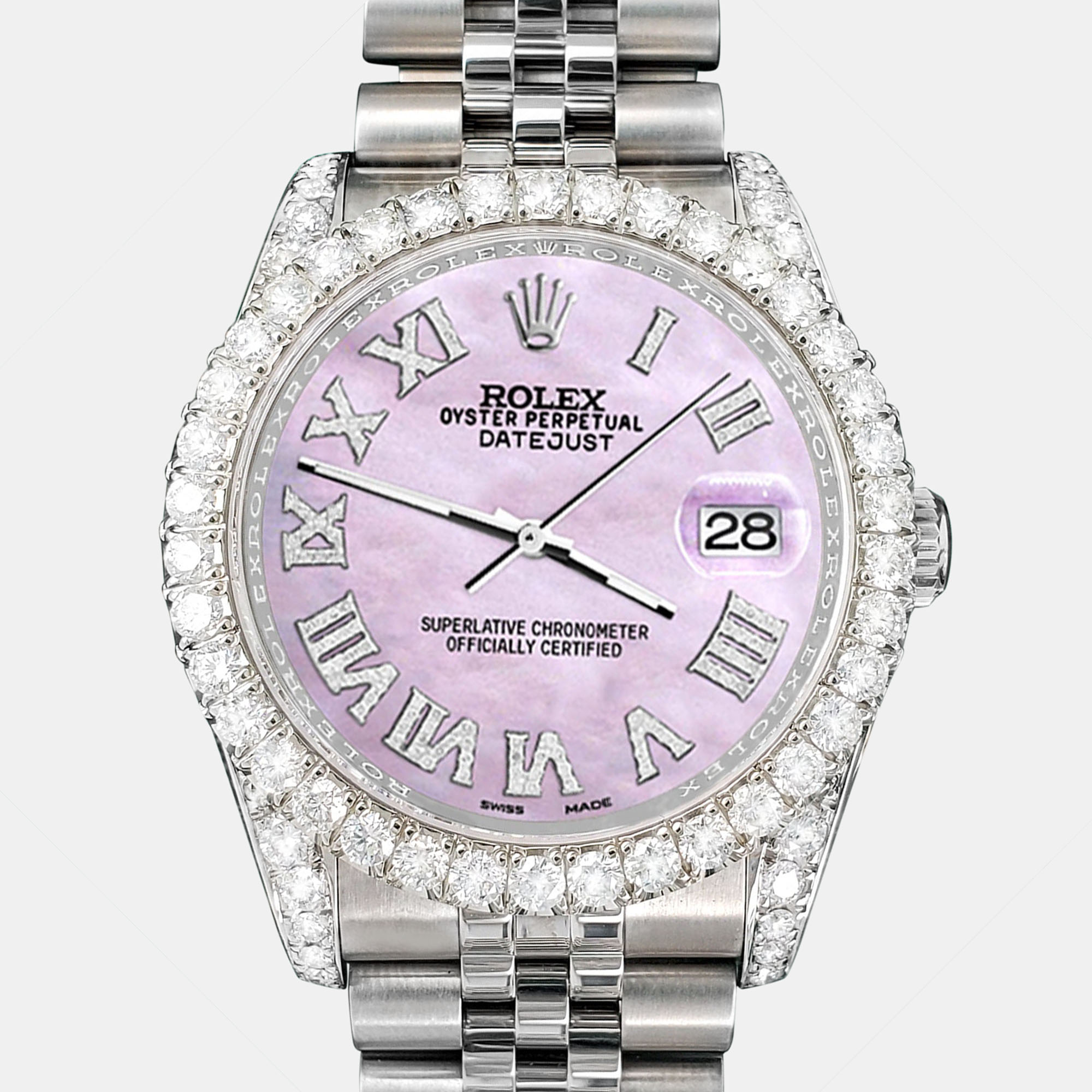 

Rolex Custom Pink Pearl 4.2CT Diamond Stainless Steel Datejust 116200 Automatic Men's Wristwatch
