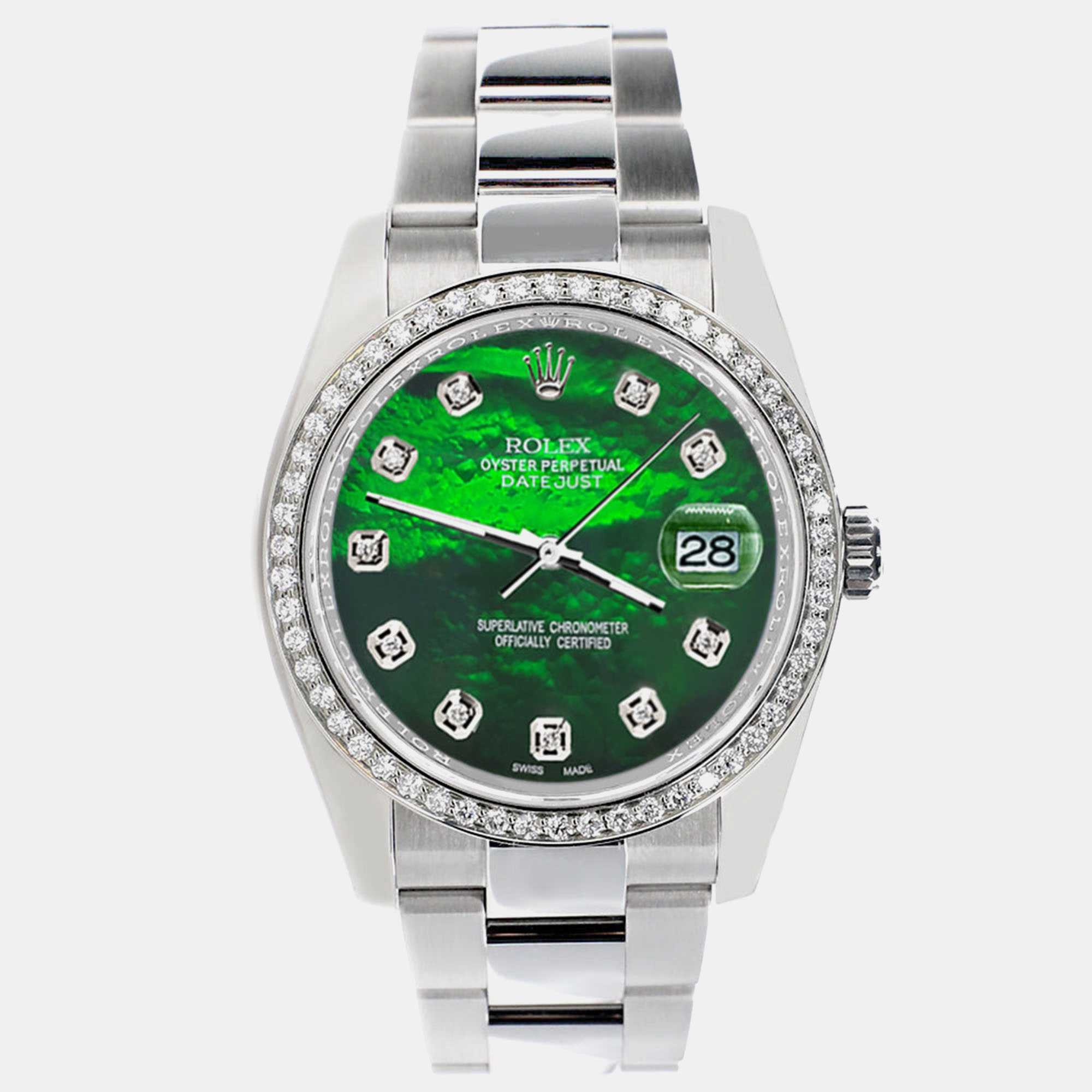 

Rolex Custom Green MOP Diamond Stainless Steel Datejust 116200 Automatic Men's Wristwatch 36 mm