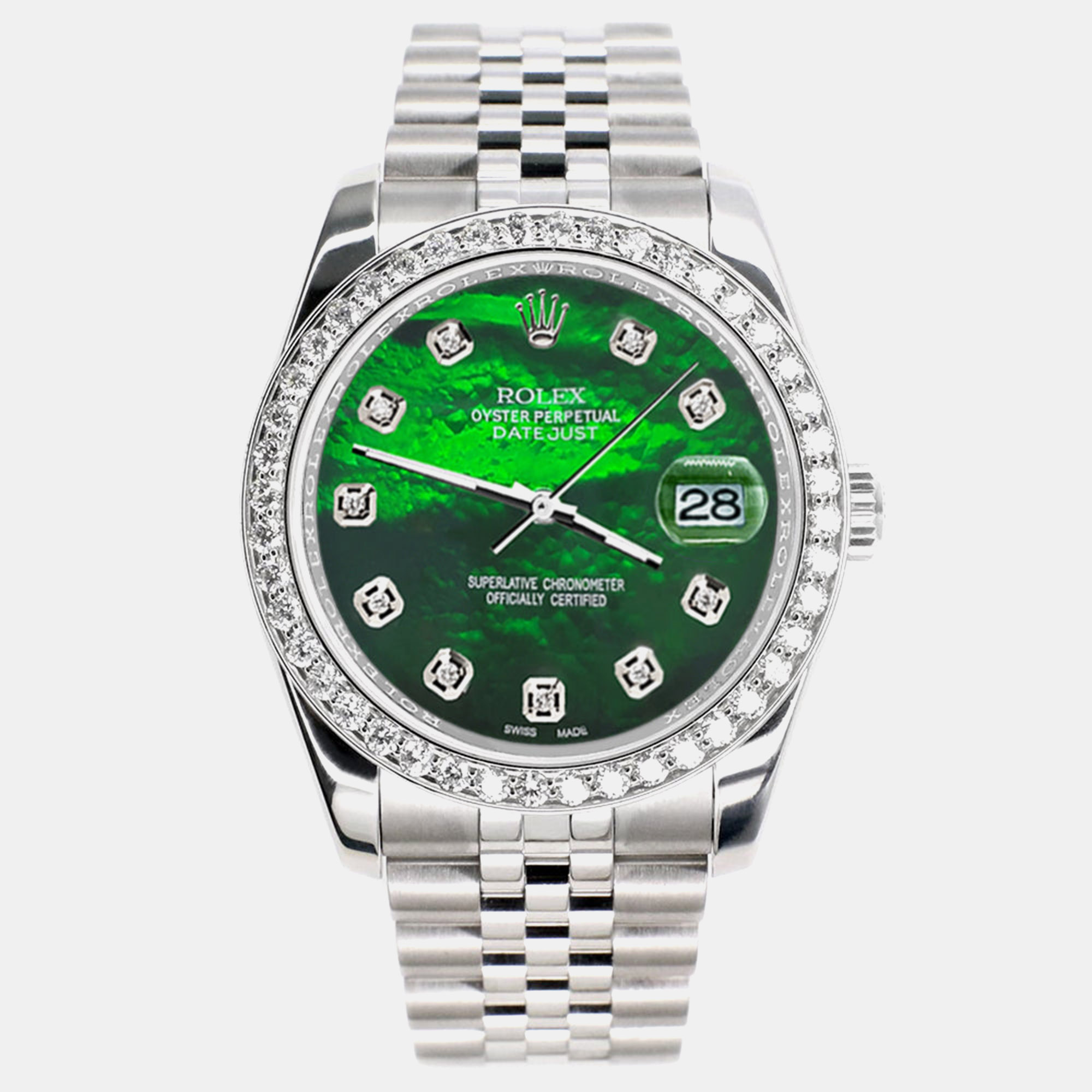 

Rolex Custom Green MOP 1.85ct Diamond Stainless Steel Datejust 116200 Automatic Men's Wristwatch 36 mm