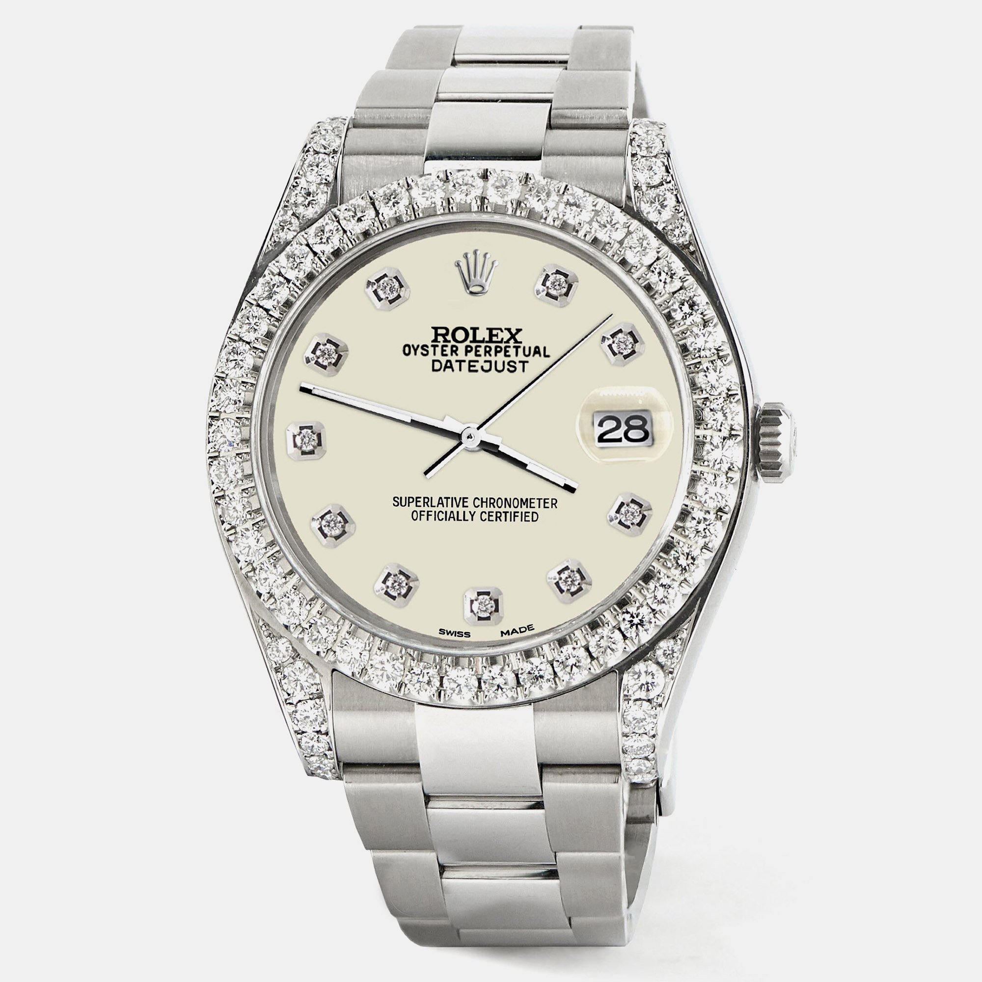 

Rolex Custom 4.4CT Diamond Stainless Steel Datejust 126300 Automatic Men's Wristwatch 41 mm, Beige