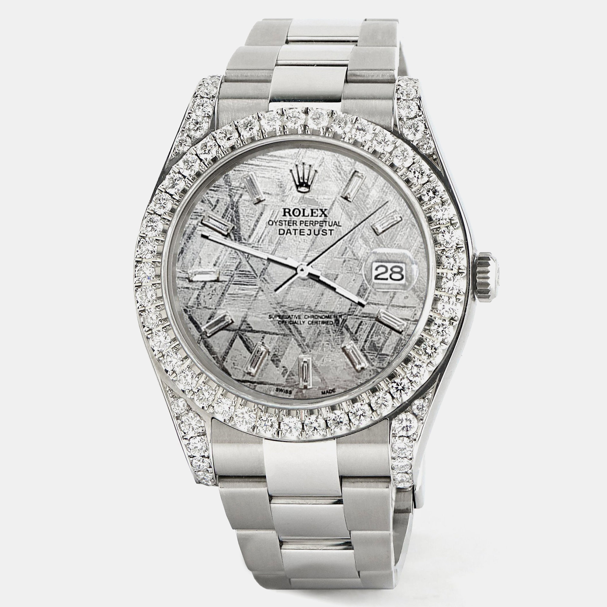 

Rolex Custom Grey 4.4CT Diamond Stainless Steel Datejust 126300 Automatic Men's Wristwatch 41 mm