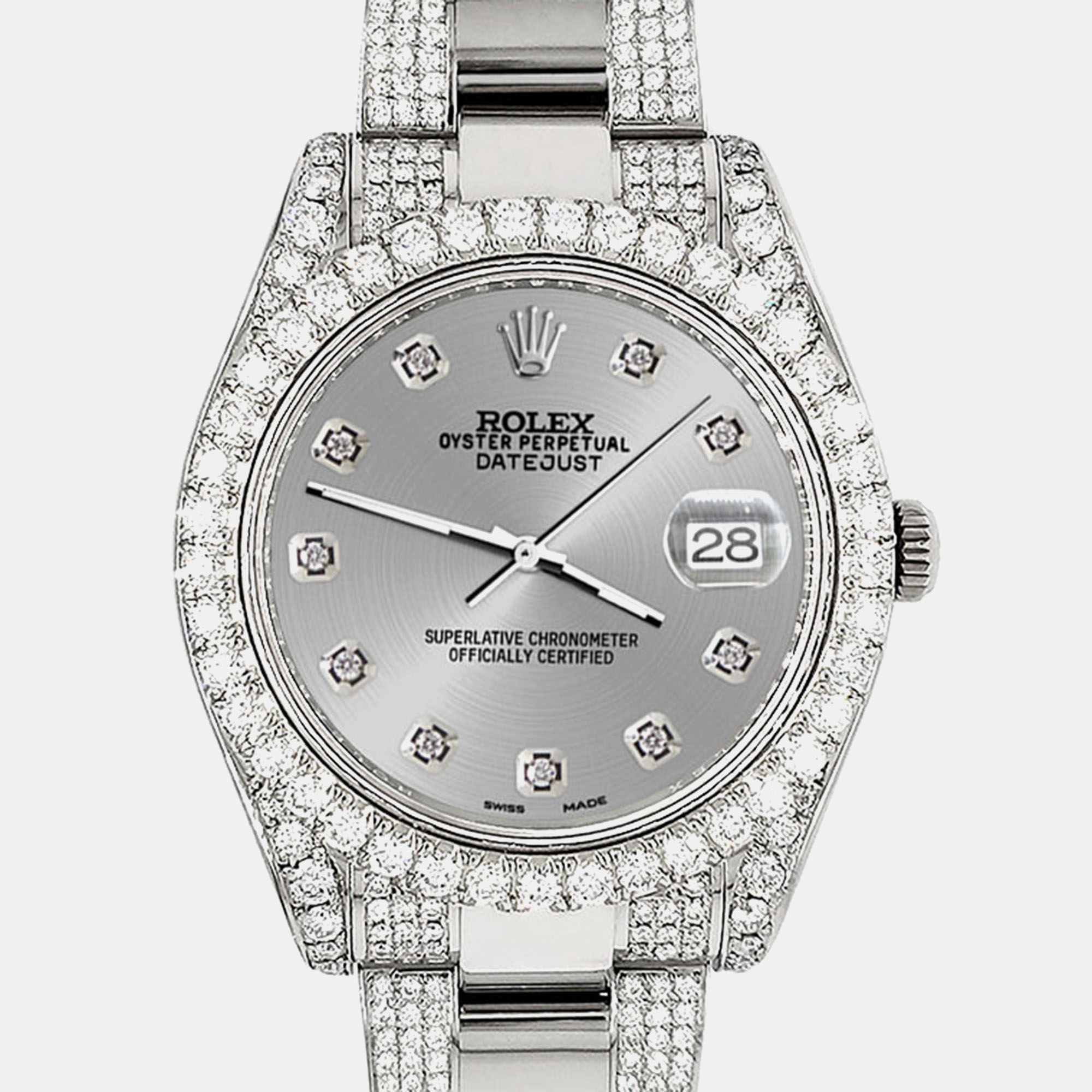 

Rolex Custom Silver 8.3CT Diamond Stainless Steel Datejust II 116300 Automatic Men's Wristwatch