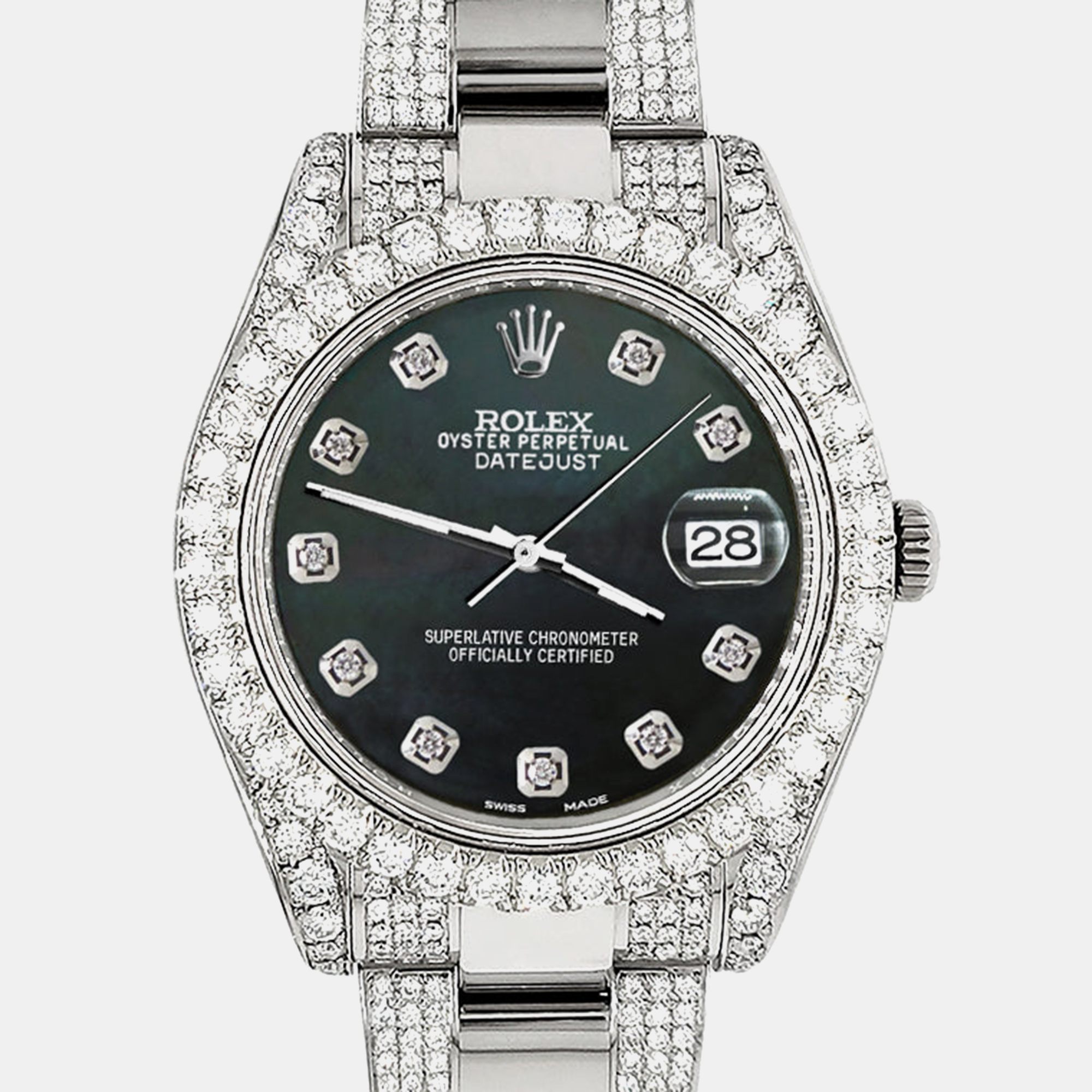 

Rolex Custom Black MOP 8.3CT Diamond Stainless Steel Datejust II 116300 Automatic Men's Wristwatch