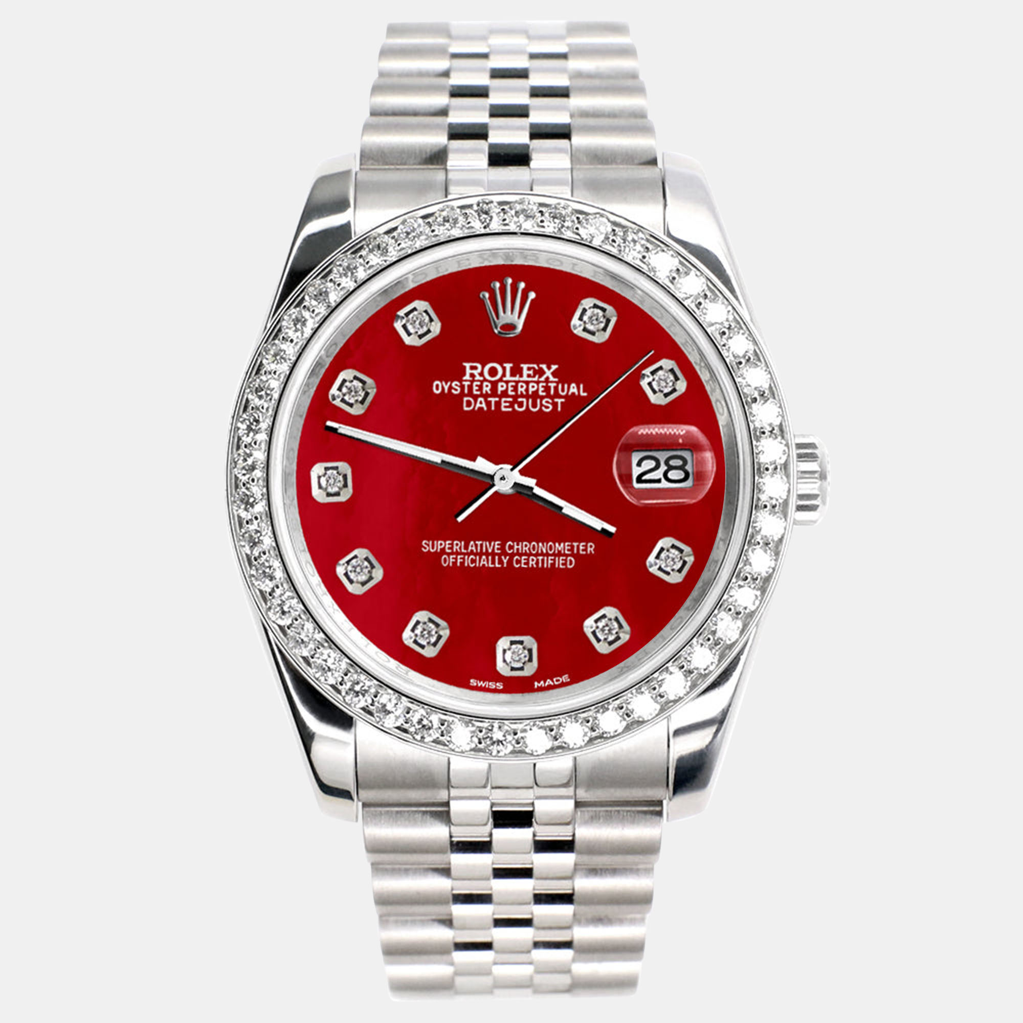 

Rolex Red MOP Diamond Stainless Steel Datejust 116200 Automatic Men's Wristwatch 36 mm