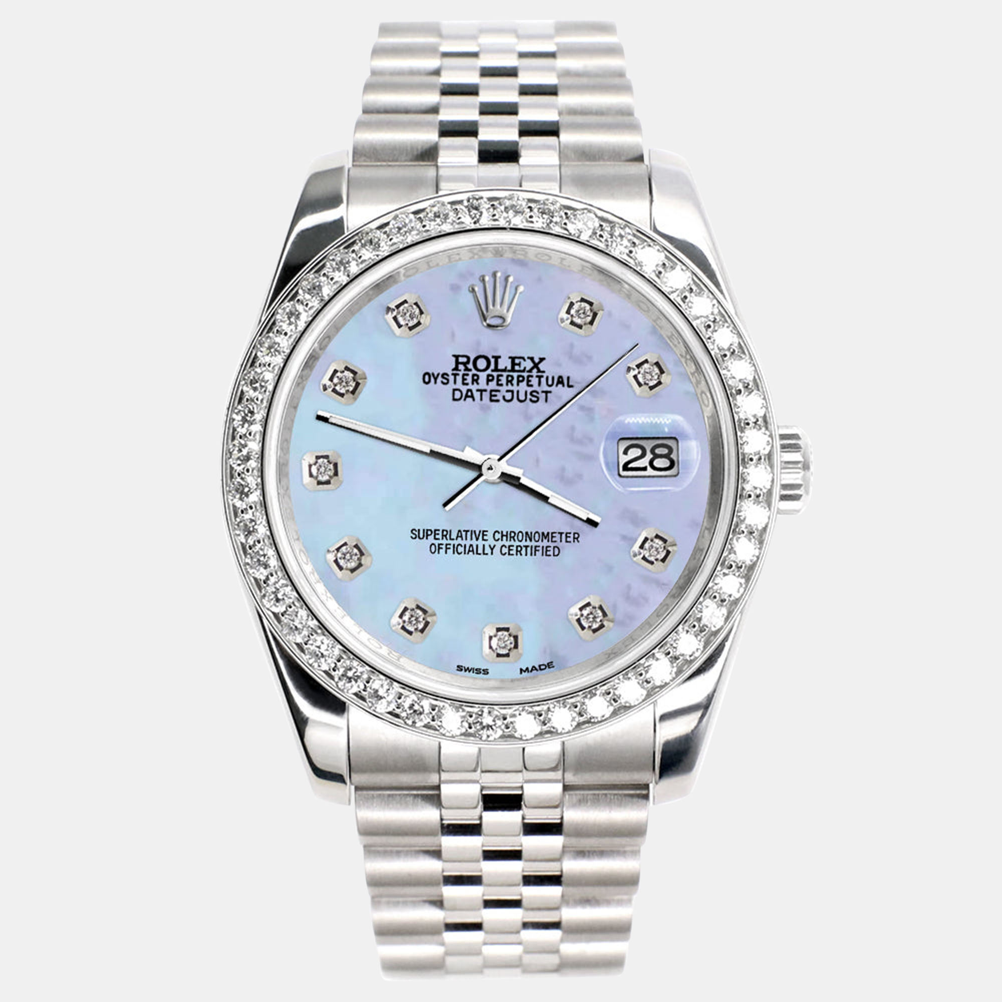 

Rolex Purple MOP Diamond Stainless Steel Datejust 116200 Automatic Men's Wristwatch 36 mm