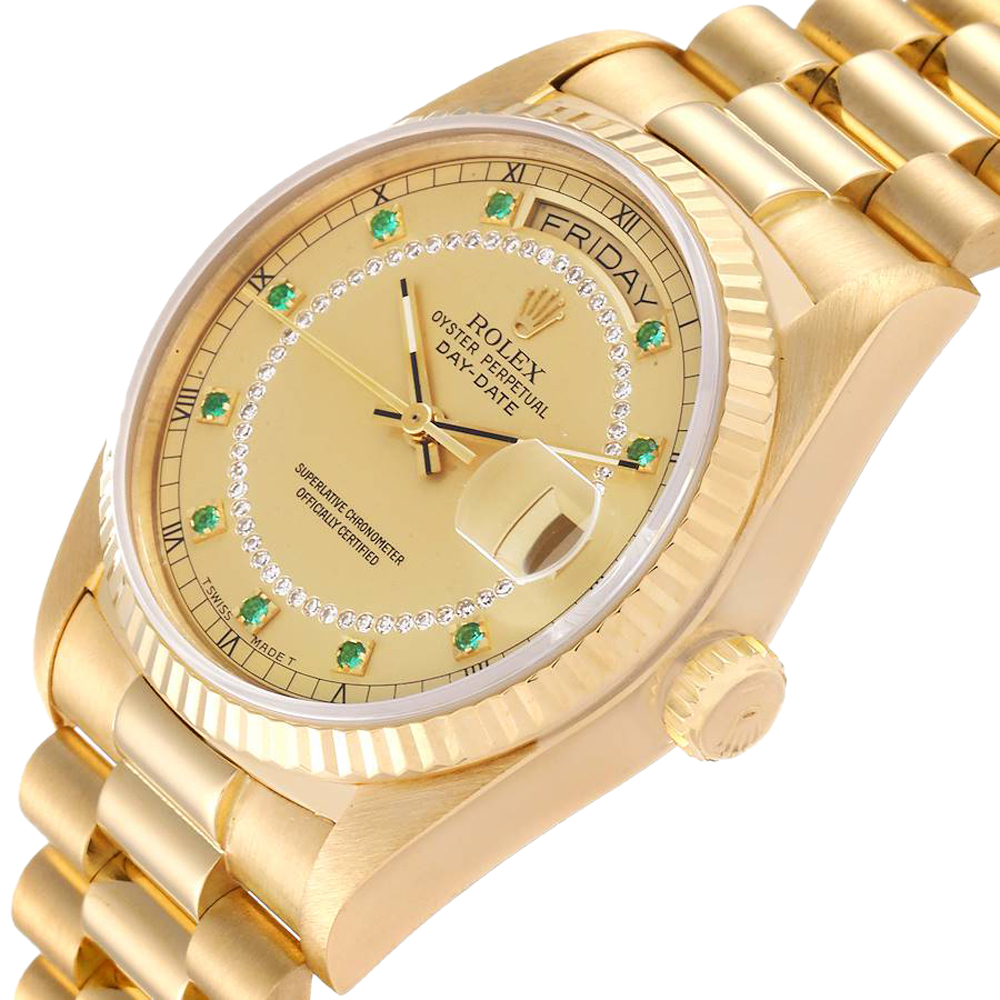 

Rolex Champagne Emerald Diamonds 18K Yellow Gold President Day-Date 18038 Men's Wristwatch 36 MM