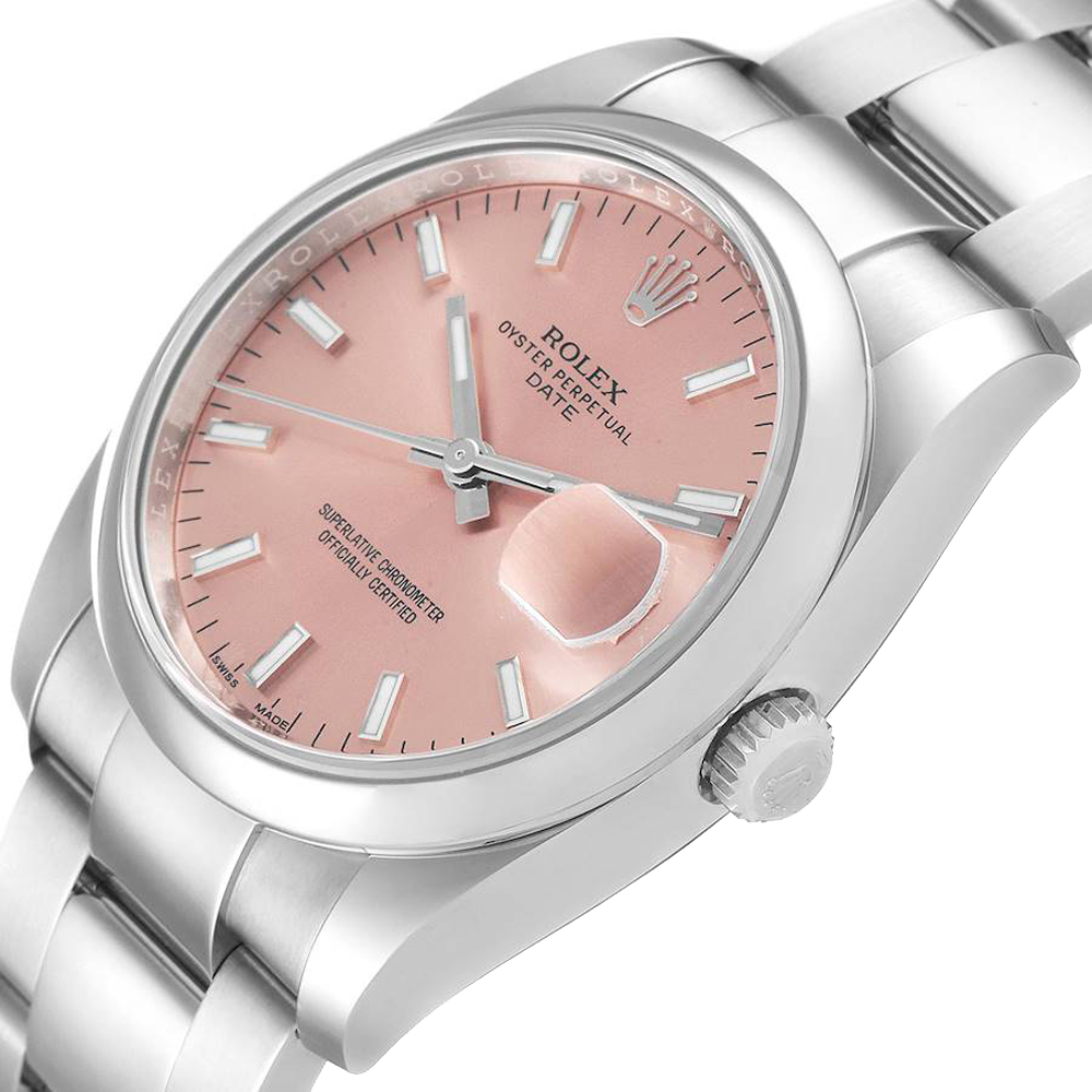 

Rolex Salmon Stainless Steel Oyster Perpetual Date 115200 Men's Wristwatch 34 MM, Pink