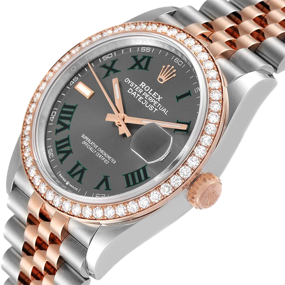 

Rolex Grey Diamonds 18K Rose Gold And Stainless Steel Datejust Wimbledon 126281 Men's Wristwatch 36 MM