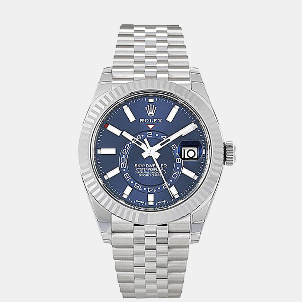 Pre-owned Rolex Blue Dial Jubilee Stainless Steel & 18k White Gold Sky-dweller Men's Wristwatch 42 Mm
