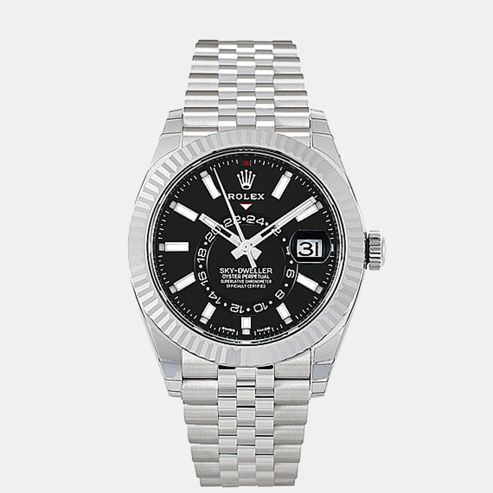 Pre-owned Rolex Black Dial Jubilee Stainless Steel & 18k White Gold Sky-dweller Men's Wristwatch 42 Mm