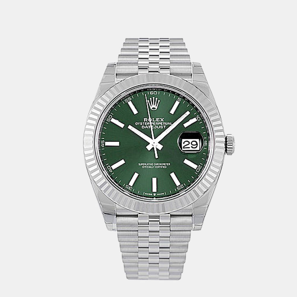 Pre-owned Rolex Green Dial Stainless Steel & 18k White Gold Datejust 41 Men's Wristwatch 41 Mm