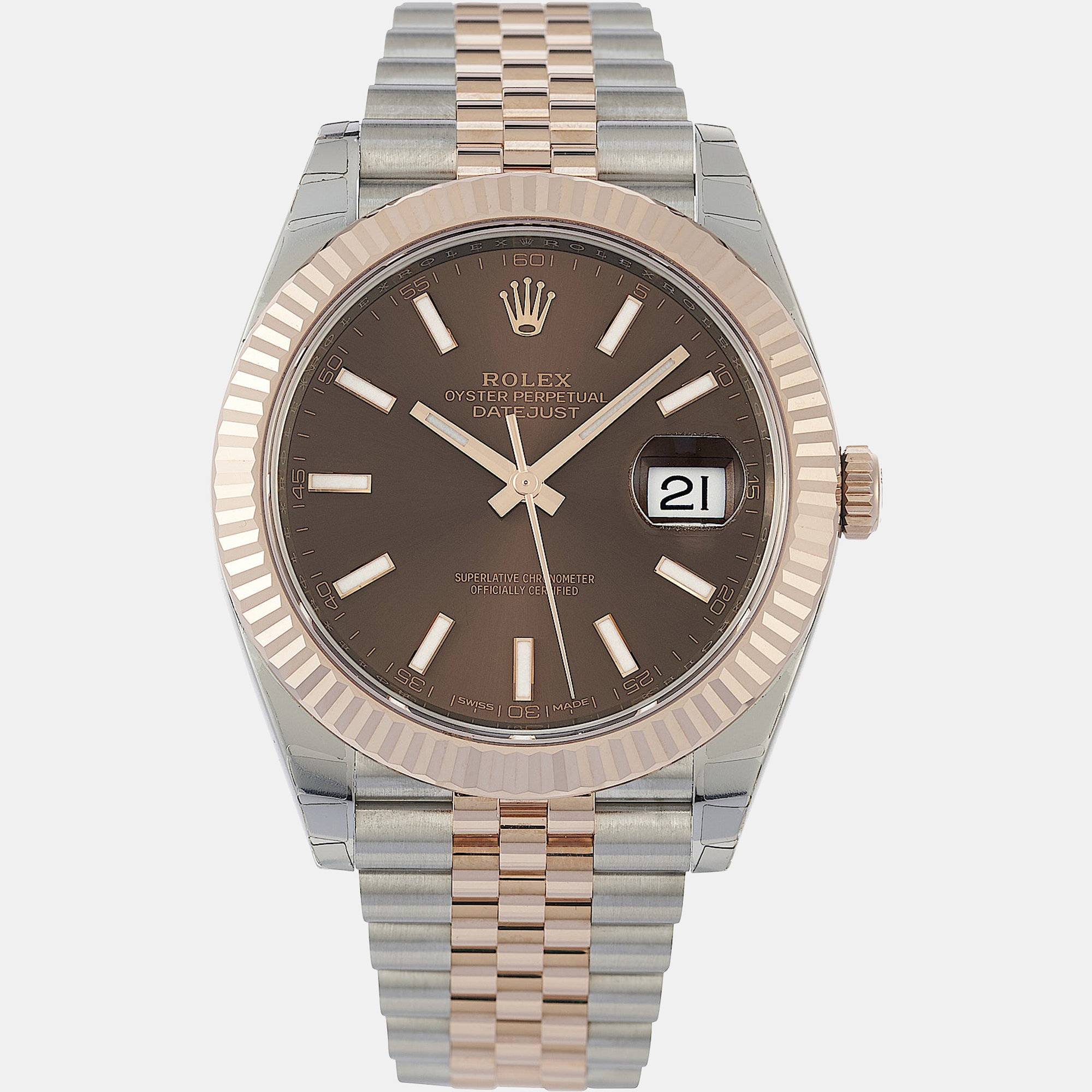 Pre-owned Rolex Chocolate 18k Rose Gold Stainless Steel Datejust 126331 Men's Wristwatch 41 Mm In Brown