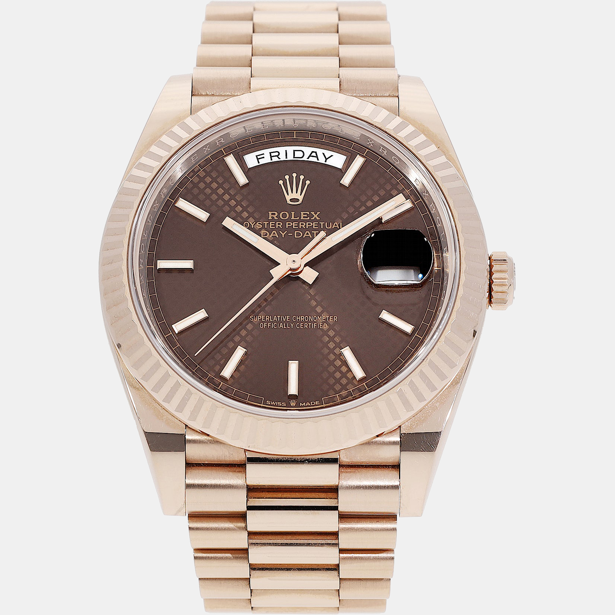 Pre-owned Rolex Chocolate Motif 18k Rose Gold Day-date 228238 Men's Wristwatch 40 Mm In Brown
