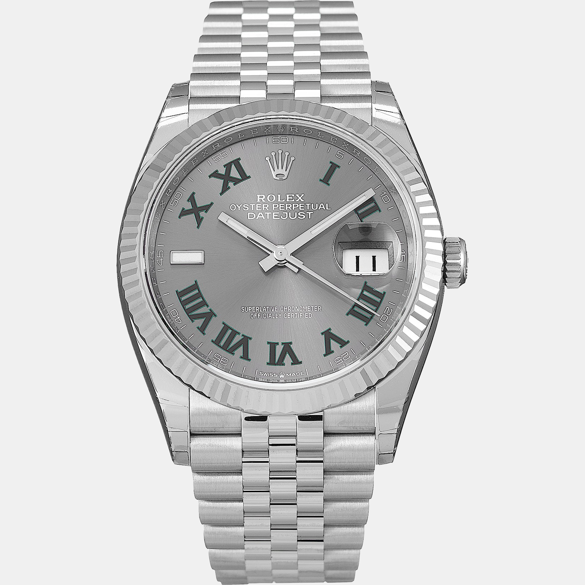 Pre-owned Rolex Slate 18k White Gold Stainless Steel Datejust 126234 Men's Wristwatch 36 Mm In Grey