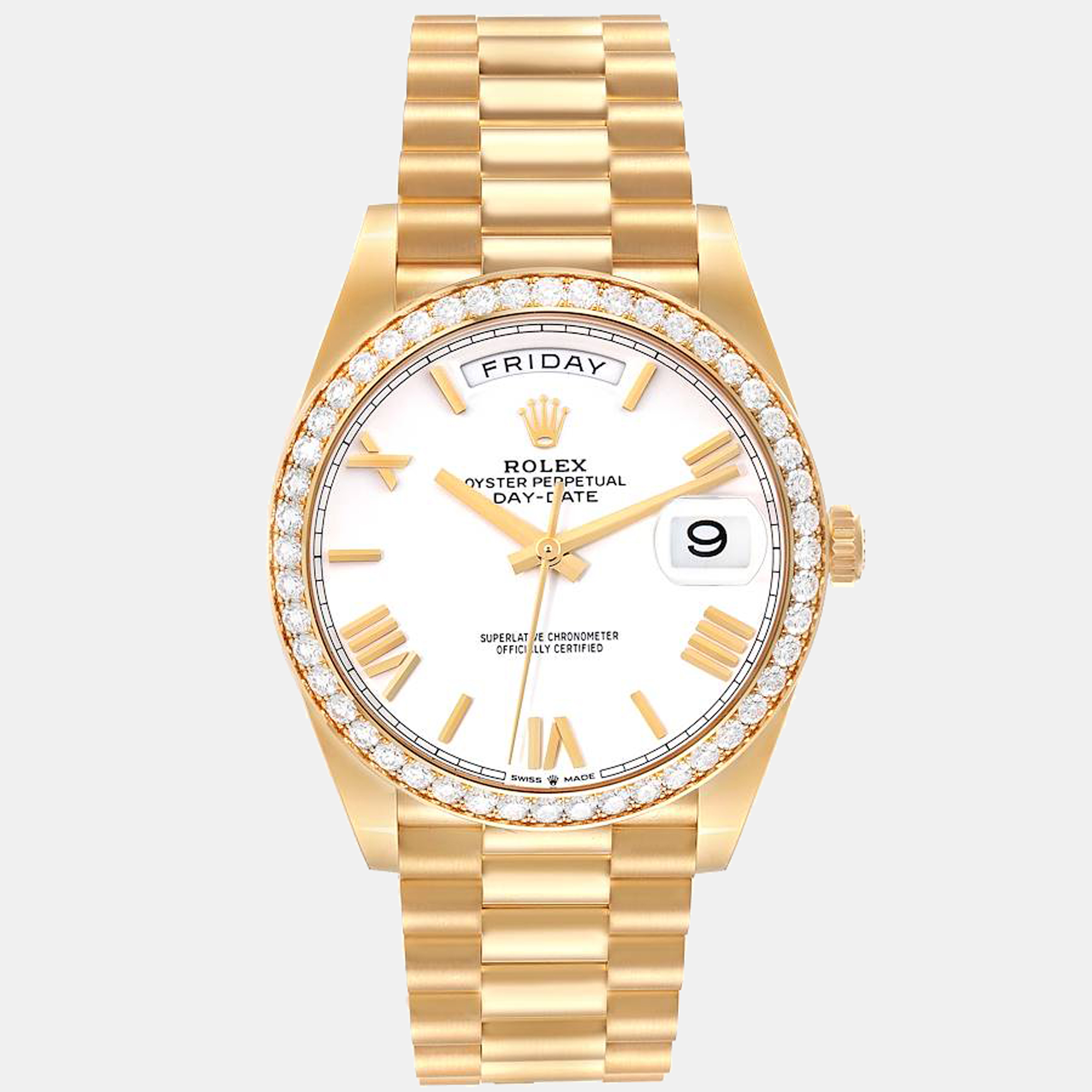 Rolex White Diamonds 18K Yellow Gold Day - Date President 228348 Men's Wristwatch 40 mm