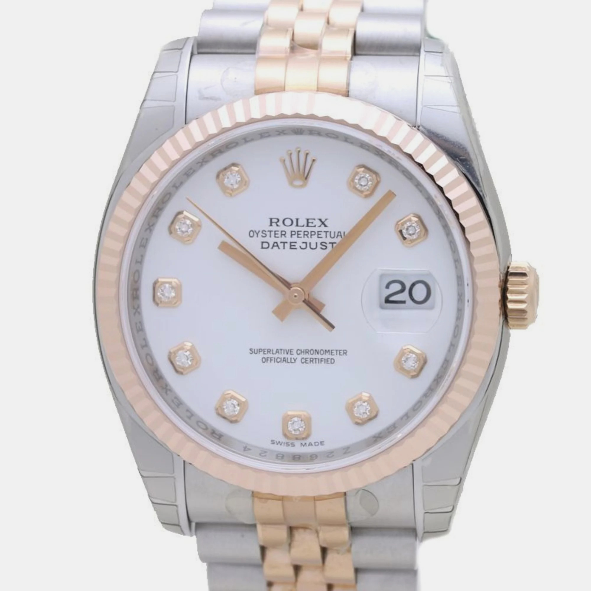 Pre-owned Rolex White 18k Rose Gold Stainless Steel Diamond Datejust 116231 Automatic Men's Wristwatch 36 Mm