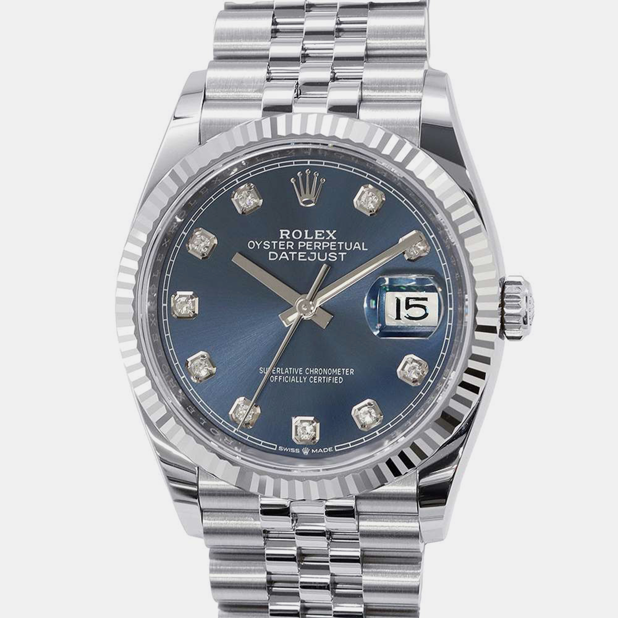 Pre-owned Rolex Blue 18k White Gold Stainless Steel Diamond Datejust 126234 Automatic Men's Wristwatch 36 Mm