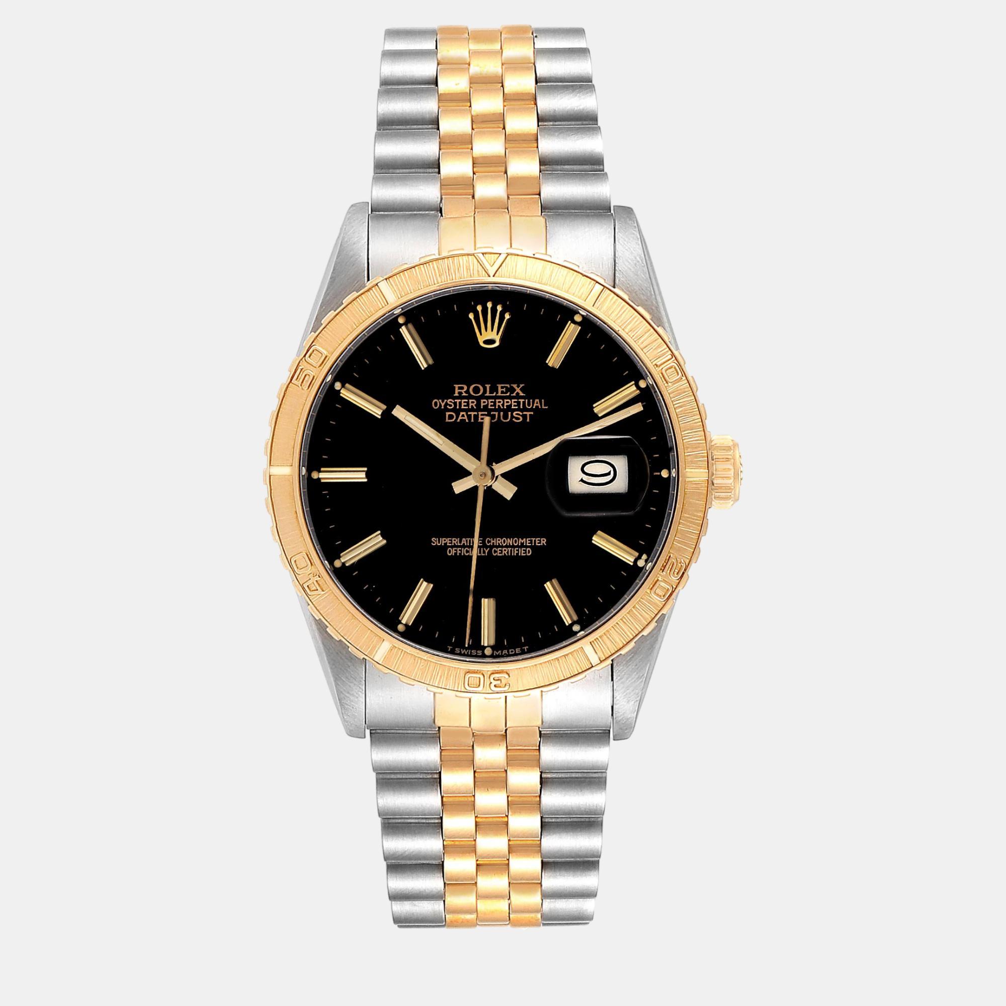 

Rolex Datejust Turnograph Steel Yellow Gold Black Dial Vintage Mens Watch 16253 36 mm