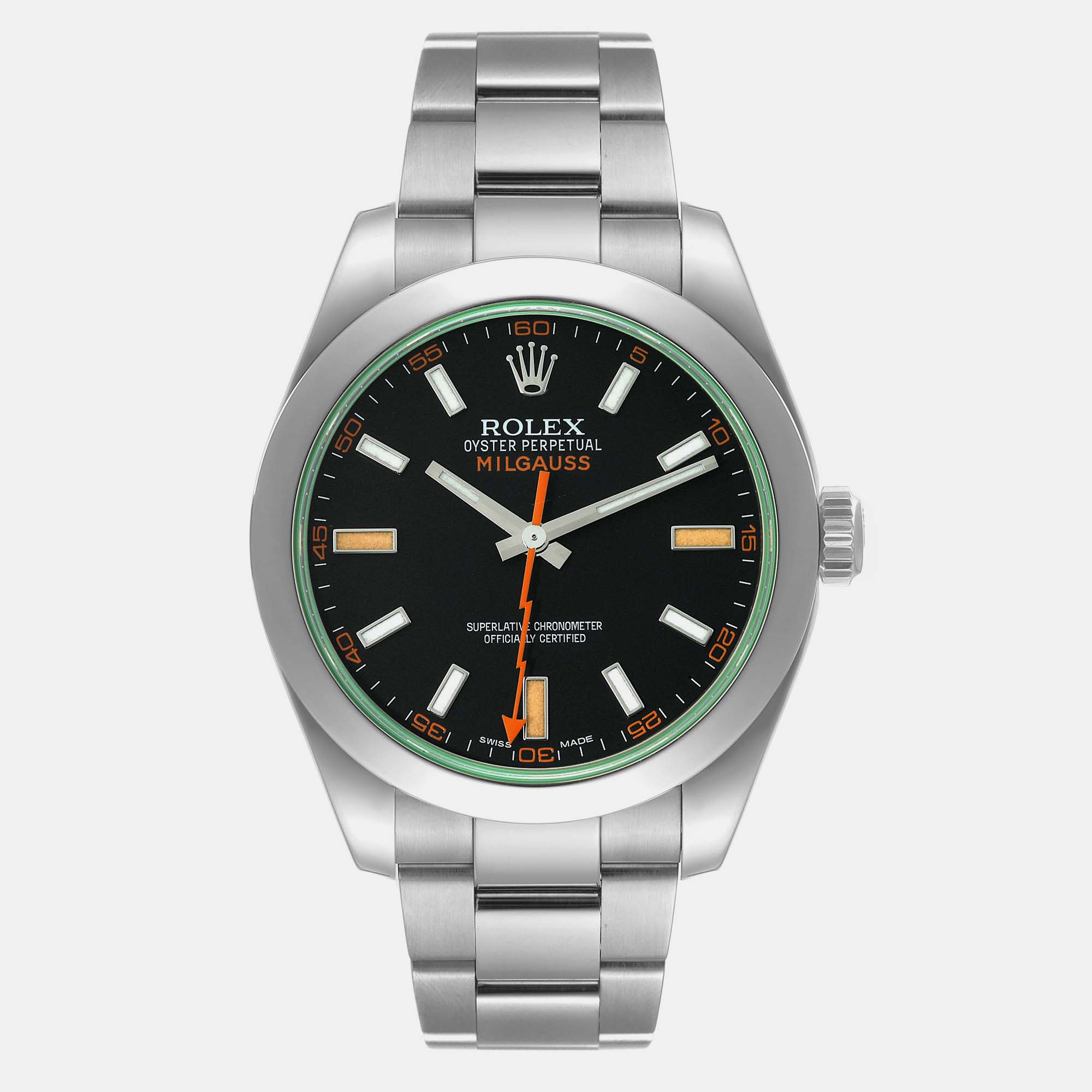 

Rolex Milgauss Black Dial Green Crystal Steel Mens Watch 116400