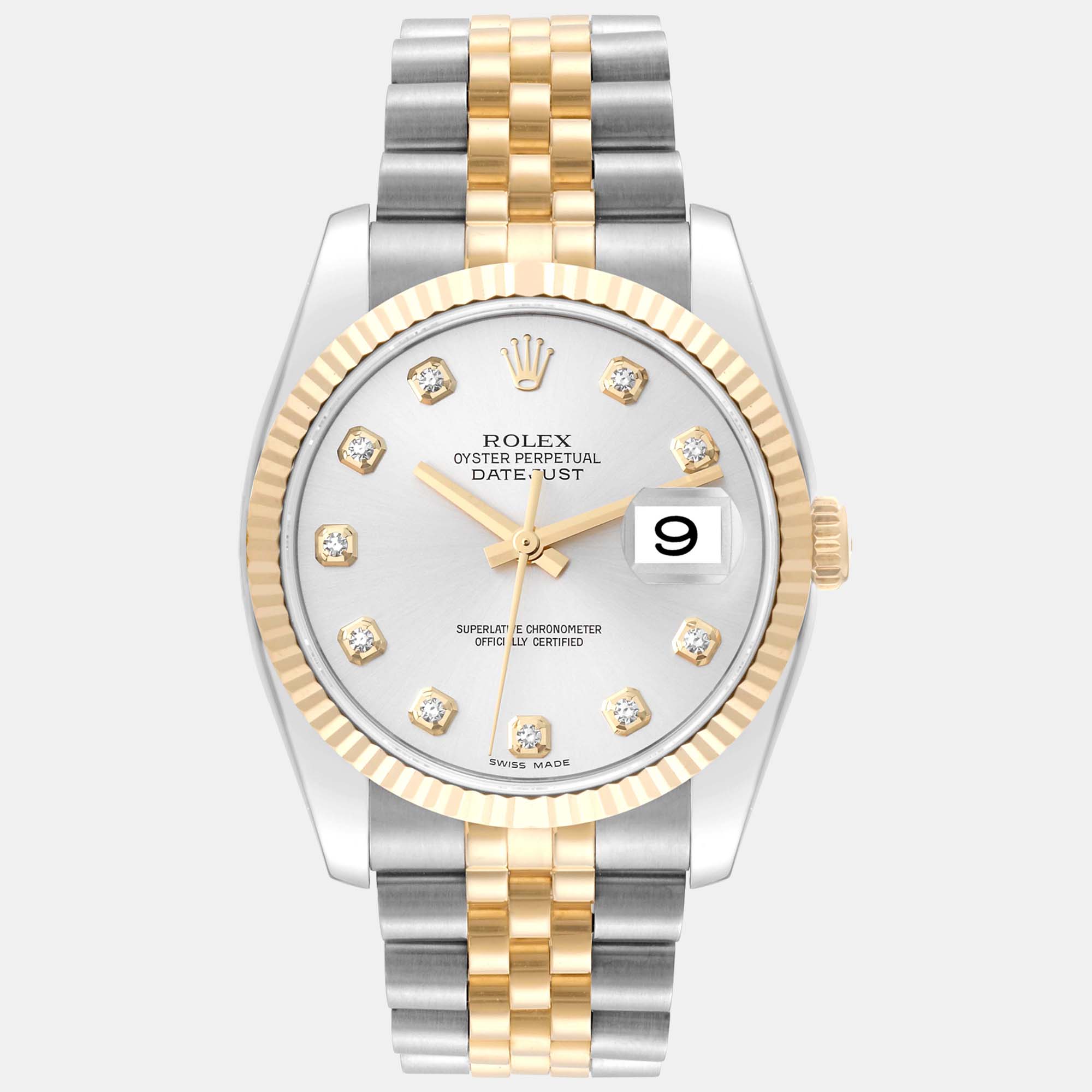 

Rolex Datejust Steel Yellow Gold Silver Diamond Dial Mens Watch 116233