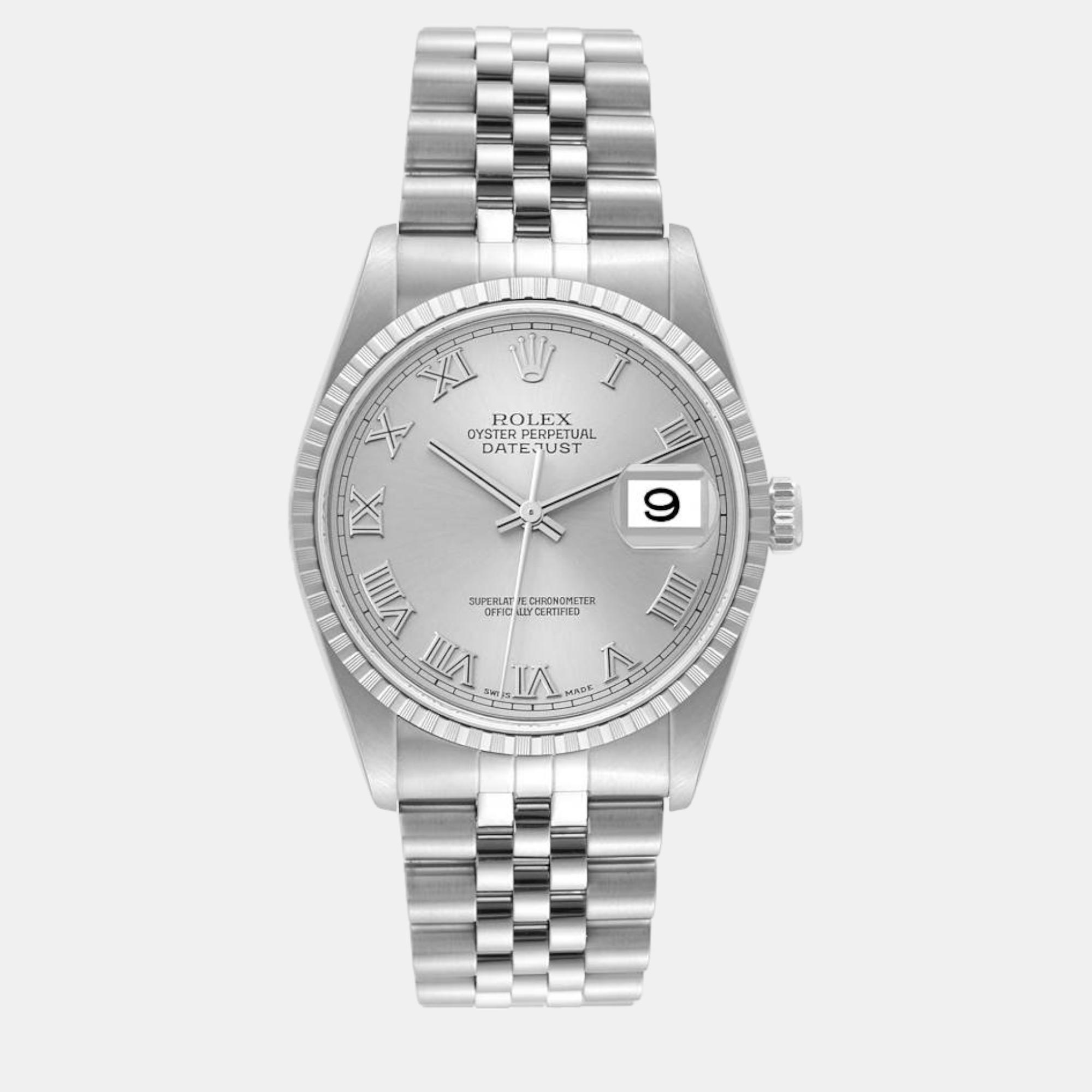 

Rolex Datejust Silver Dial Engine Turned Bezel Steel Men's Watch 16220