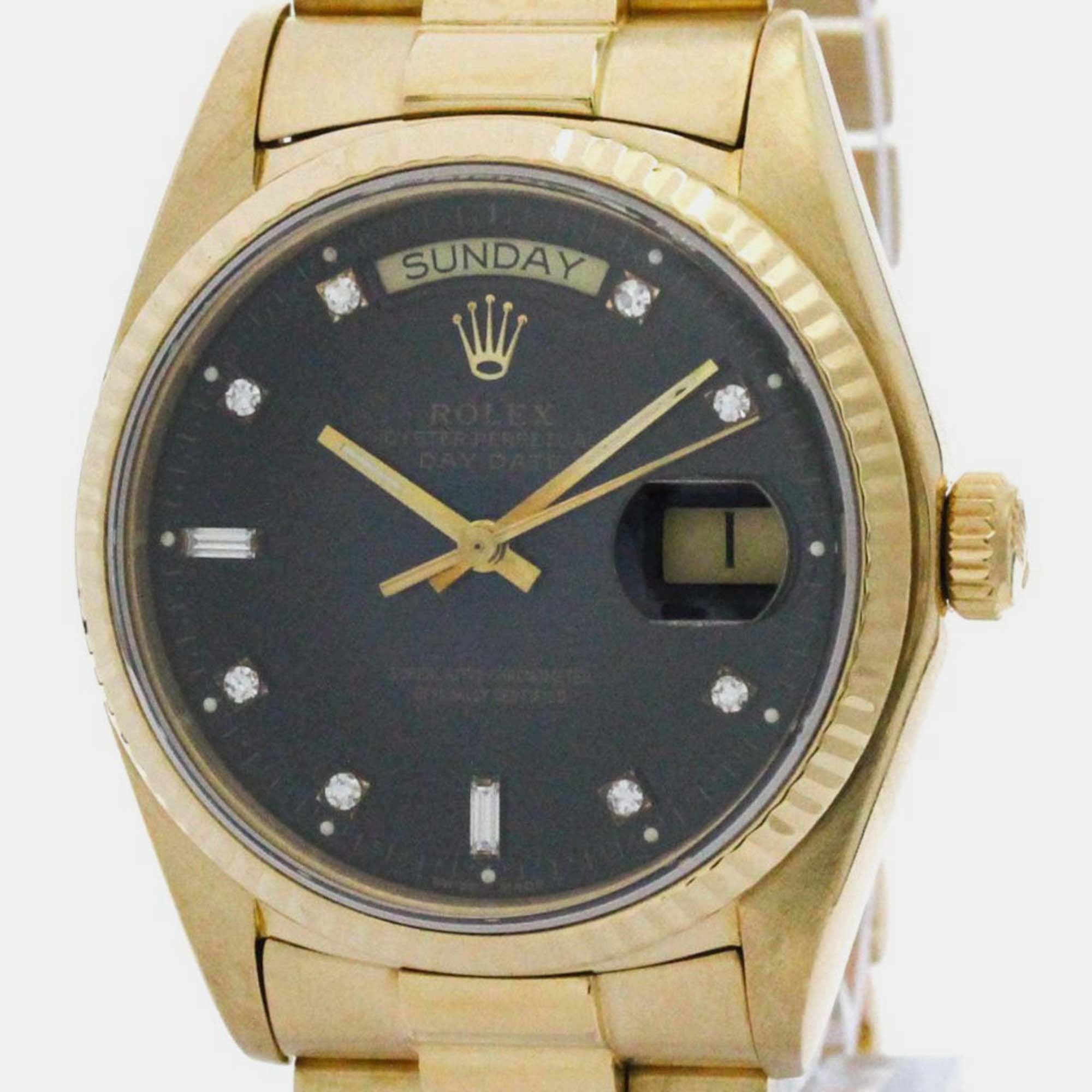 Pre-owned Rolex Black 18k Yellow Gold Day-date Automatic Men's Wristwatch 36 Mm