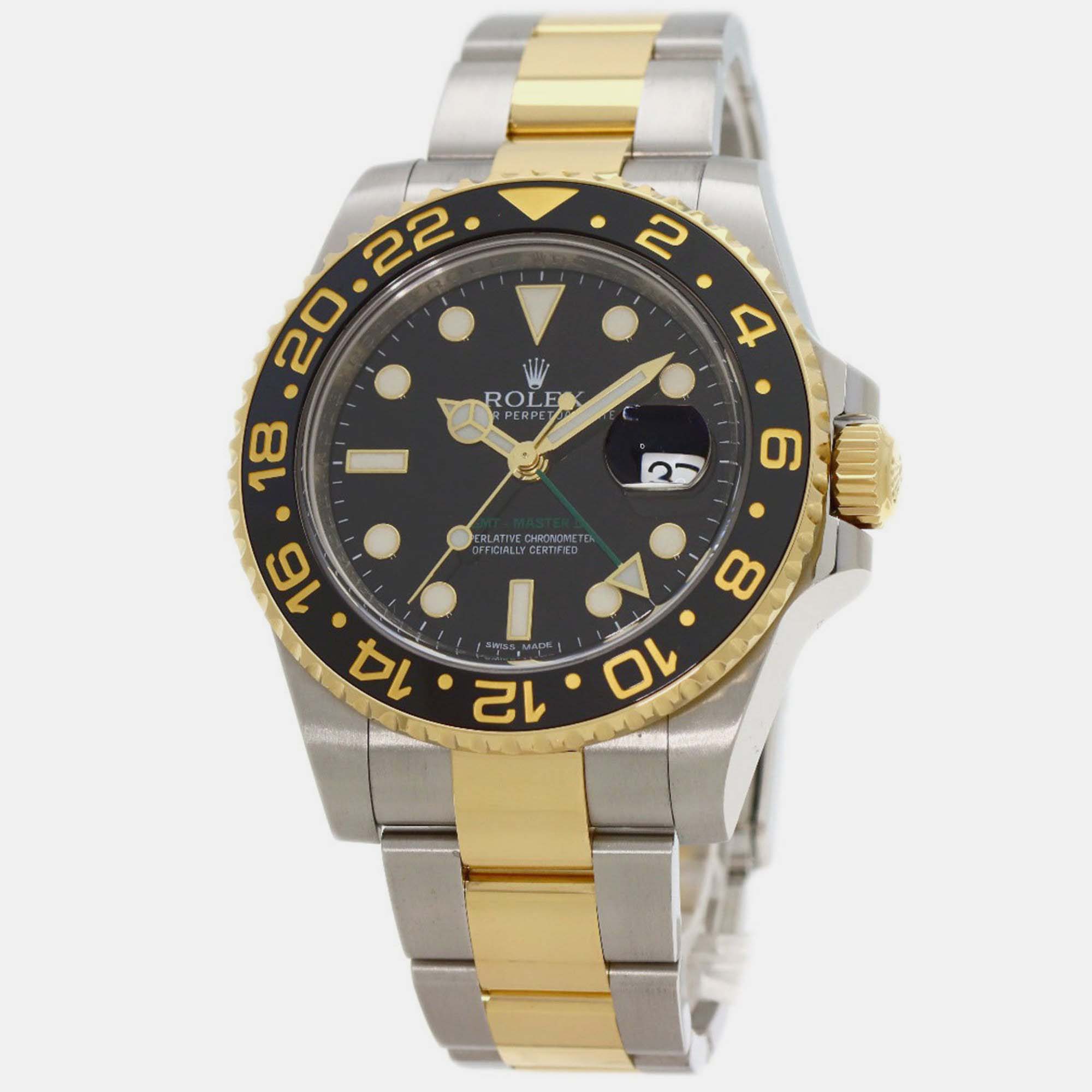 

Rolex Black 18k Yellow Gold Stainless Steel GMT-Master II Automatic Men's Wristwatch 40 mm