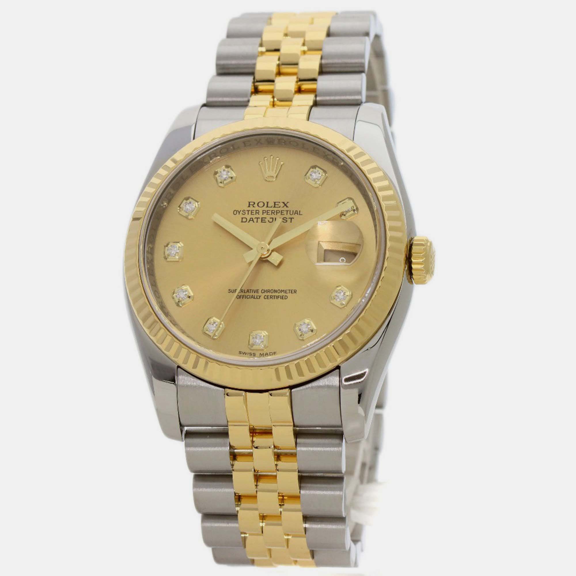 

Rolex Champagne Diamond 18k Yellow Gold Stainless Steel Datejust 116233 Automatic Men's Wristwatch 36 mm