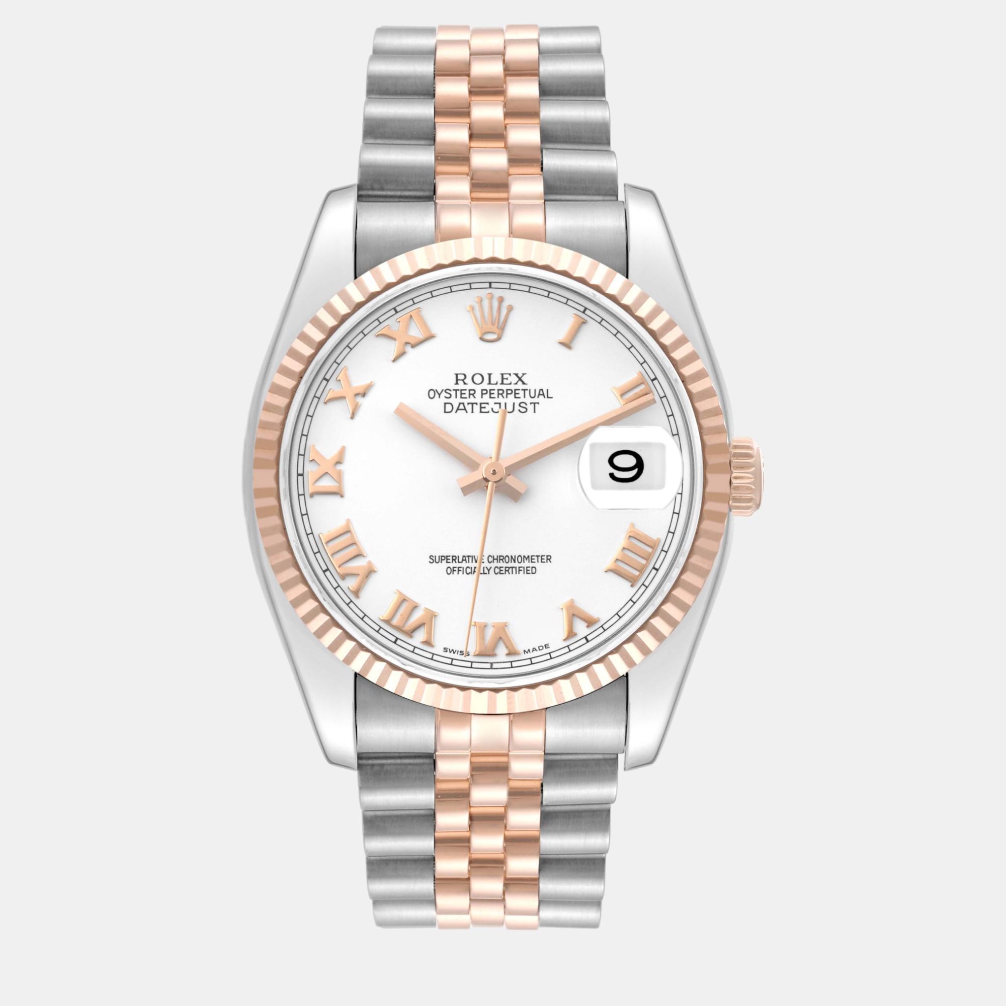 

Rolex Datejust Steel Rose Gold White Roman Dial Unisex Watch 36 mm