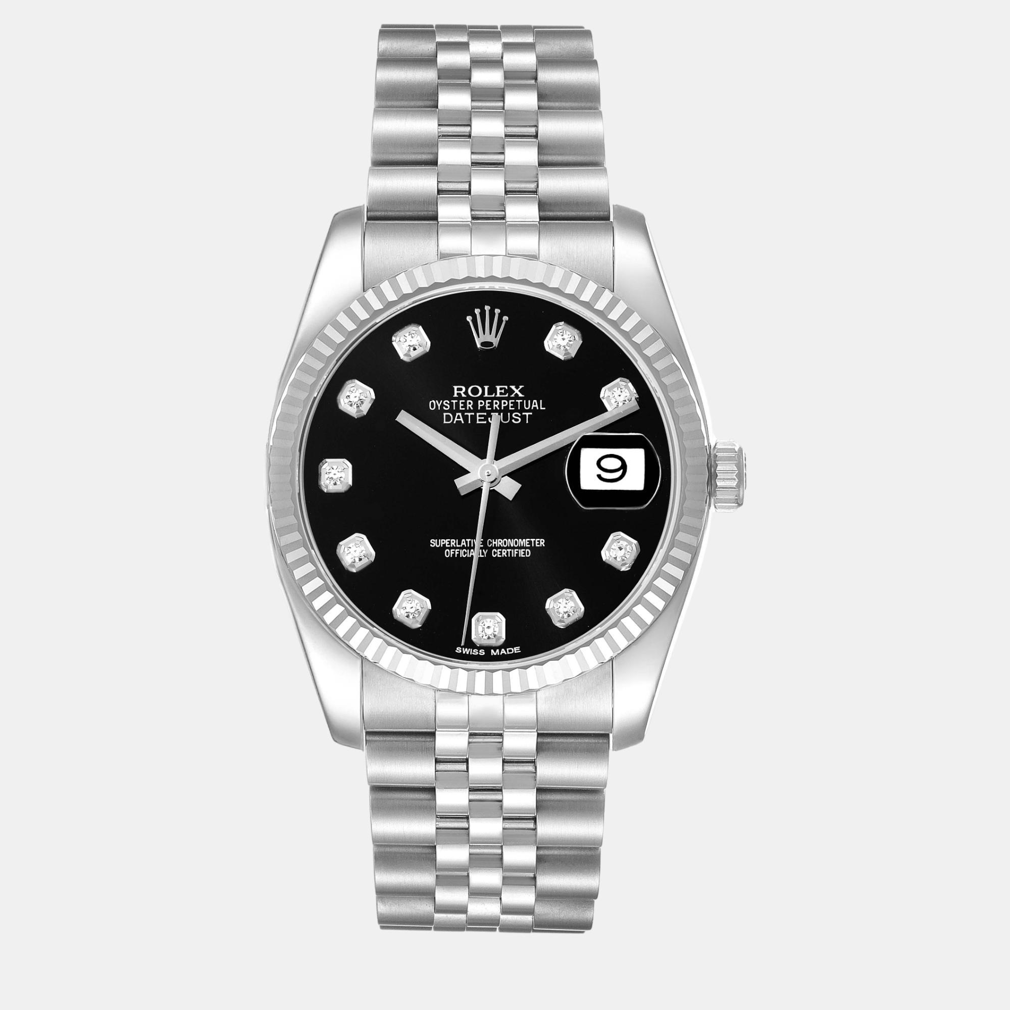 

Rolex Datejust Steel White Gold Black Diamond Dial Men's Watch 36.0 mm