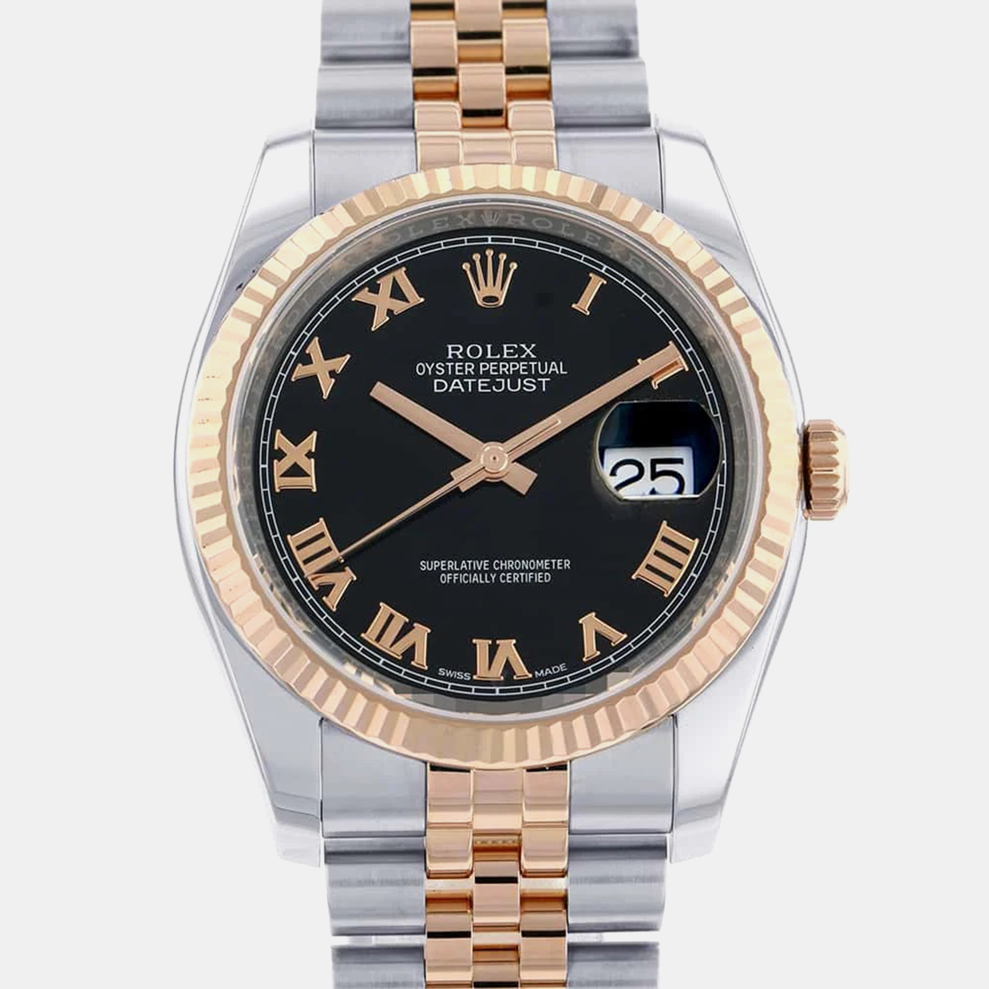 

Rolex Black 18k Rose Gold Stainless Steel Datejust Automatic Men's Wristwatch 36 mm