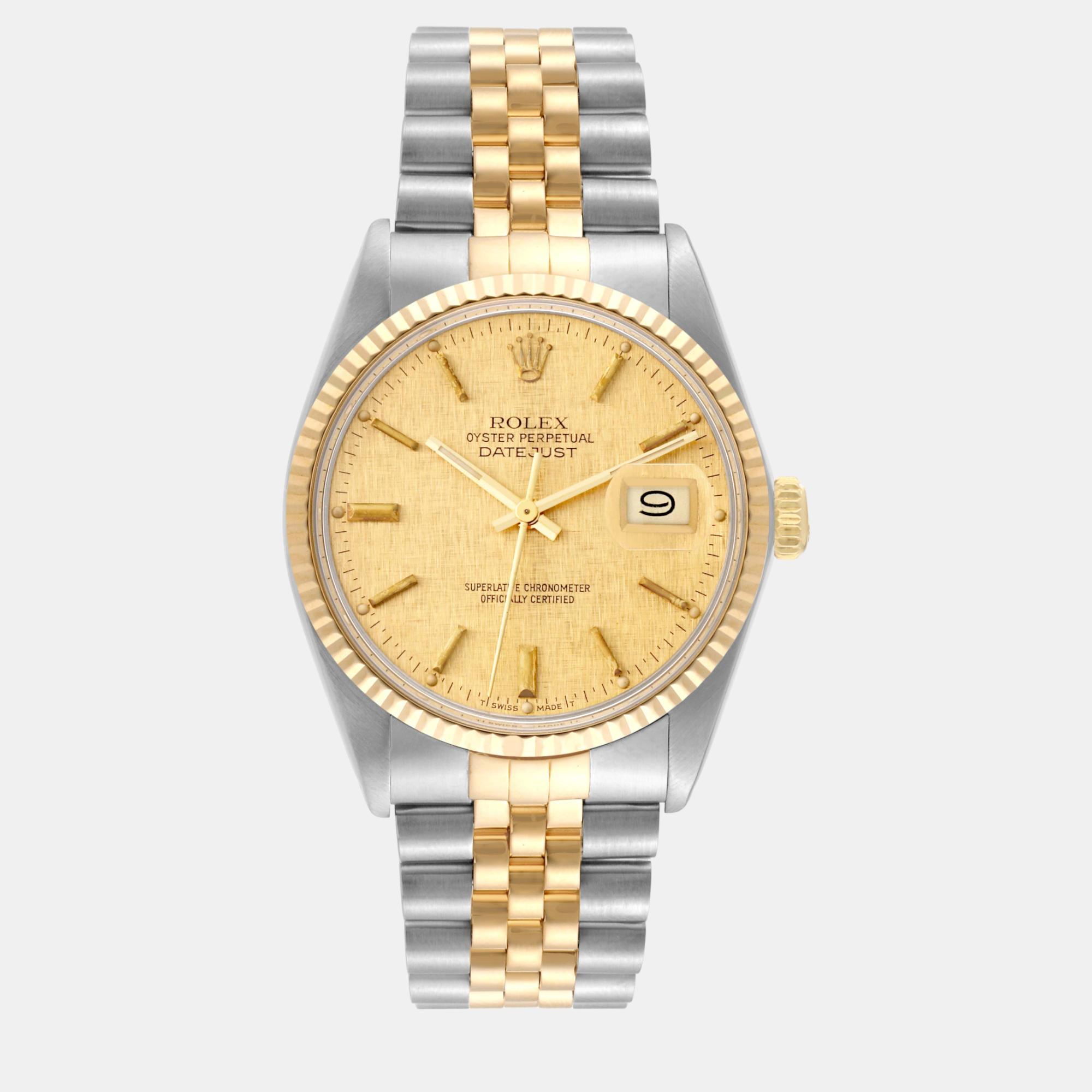 

Rolex Datejust Steel Yellow Gold Champagne Linen Dial Vintage Men's Watch 16013