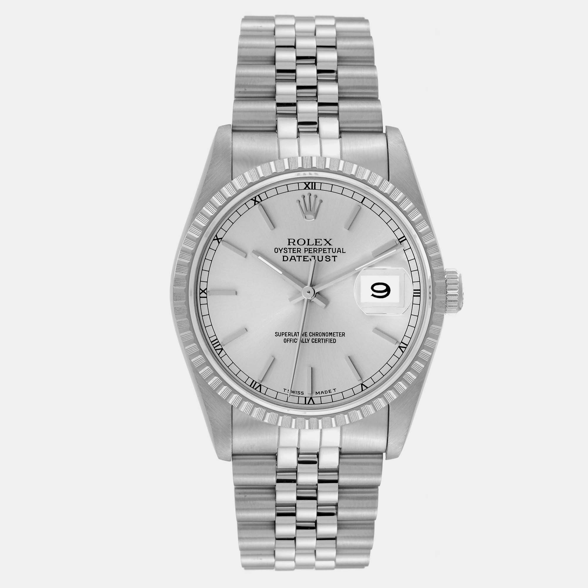 

Rolex Datejust Silver Dial Engine Turned Bezel Steel Men's Watch 36.0 mm