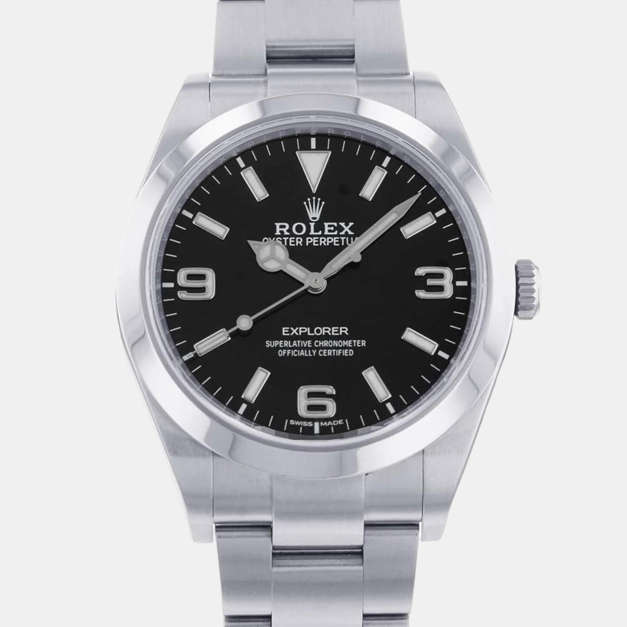 

Rolex Black Stainless Steel Explorer Automatic Men's Wristwatch 39 mm